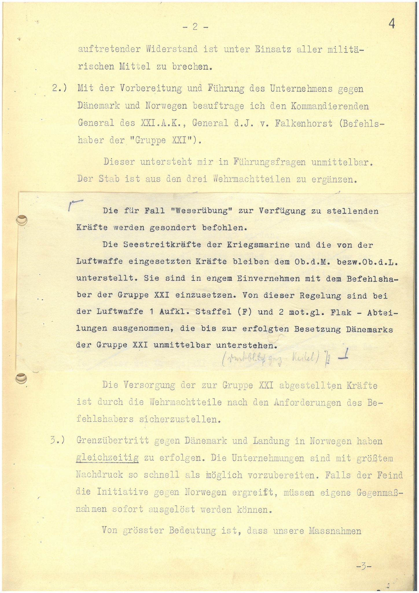RH 24-21 (XXI. Armeekorps / XXI. Gebirgs-Armeekorps), BARCH/-//23: Weisung für "Fall Weserübung", 1940, s. 4