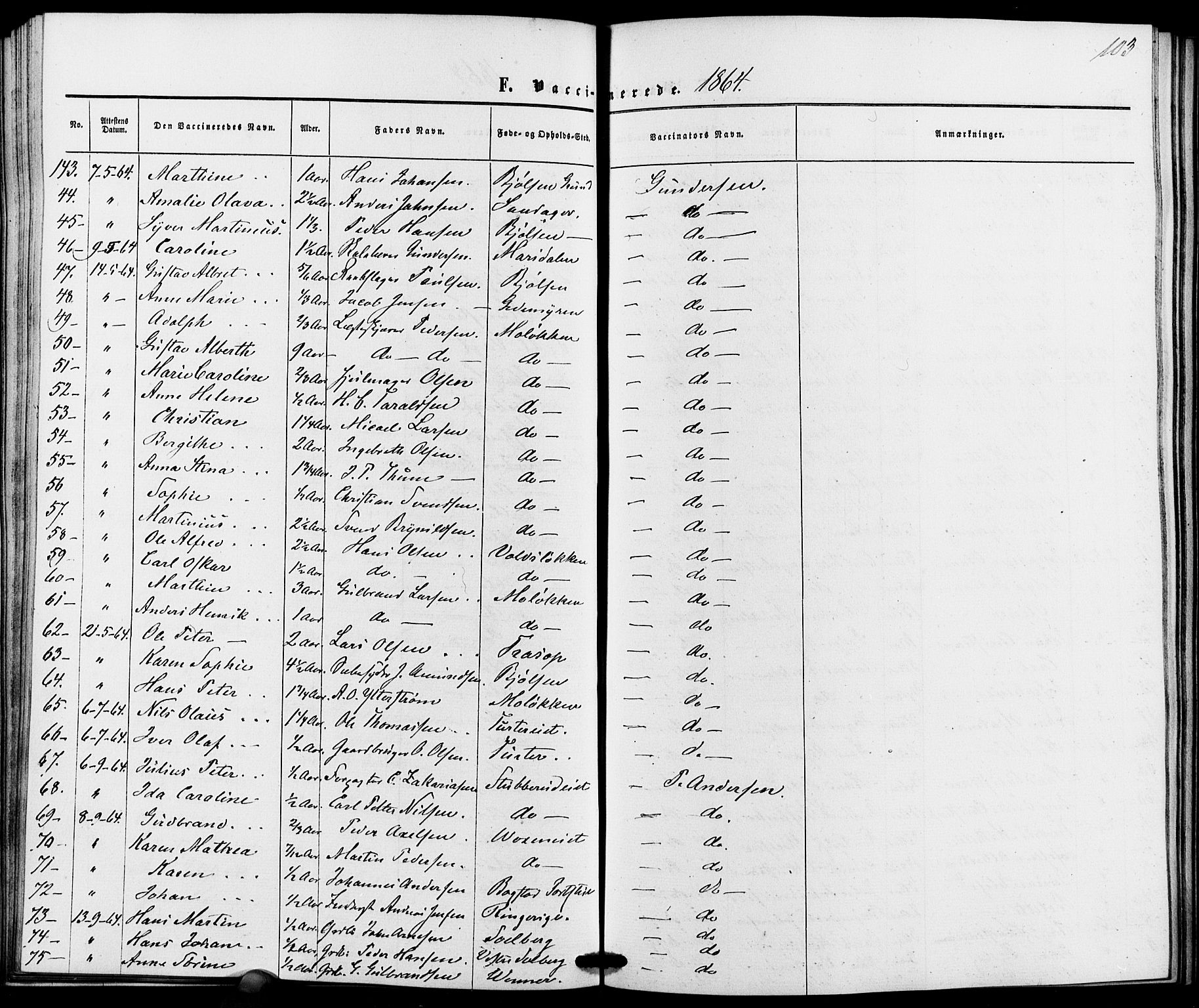 Vestre Aker prestekontor Kirkebøker, AV/SAO-A-10025/K/Ka/L0001: Vaksinasjonsprotokoll nr. 1, 1857-1867, s. 103
