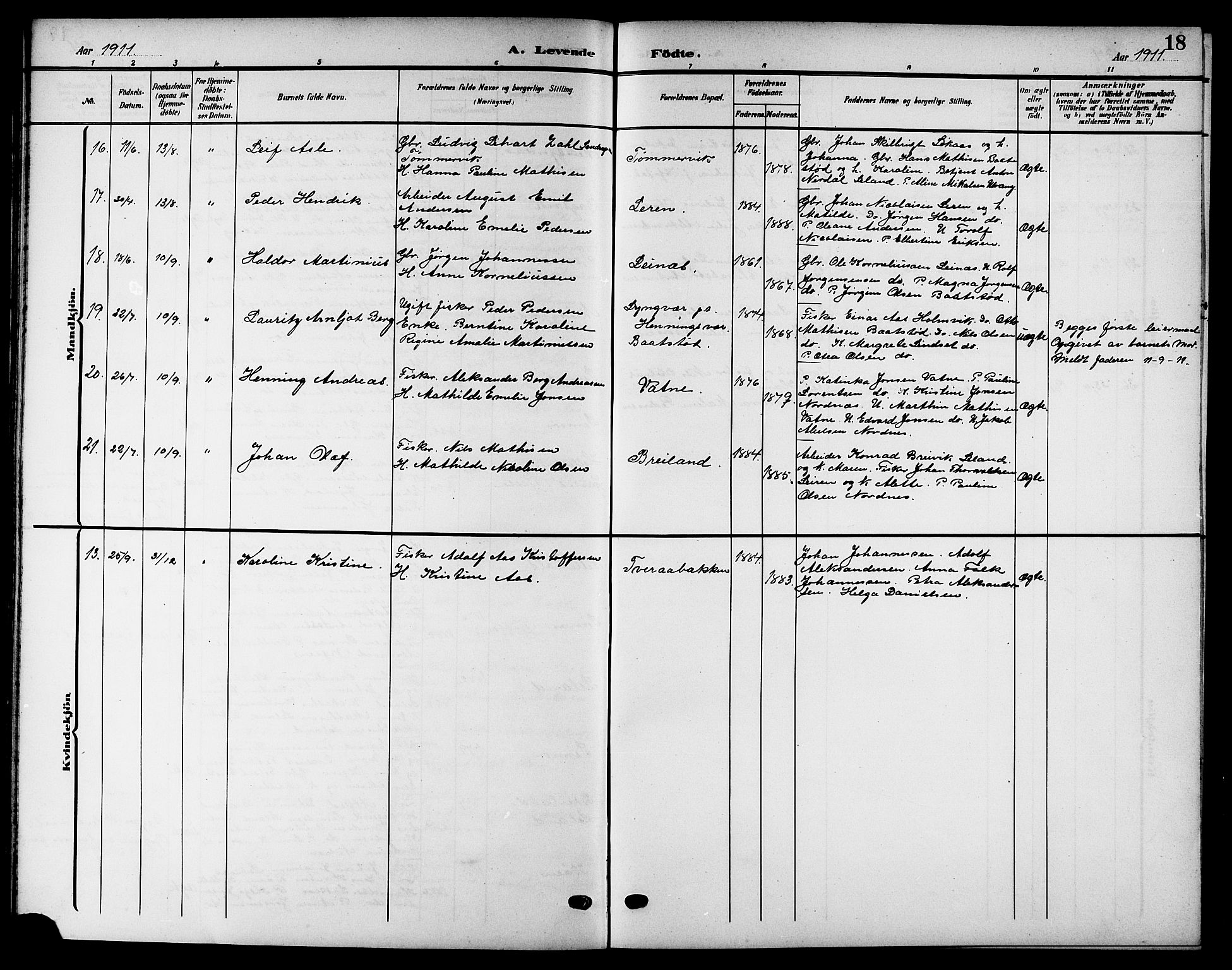 Ministerialprotokoller, klokkerbøker og fødselsregistre - Nordland, SAT/A-1459/832/L0494: Klokkerbok nr. 832C01, 1906-1922, s. 18