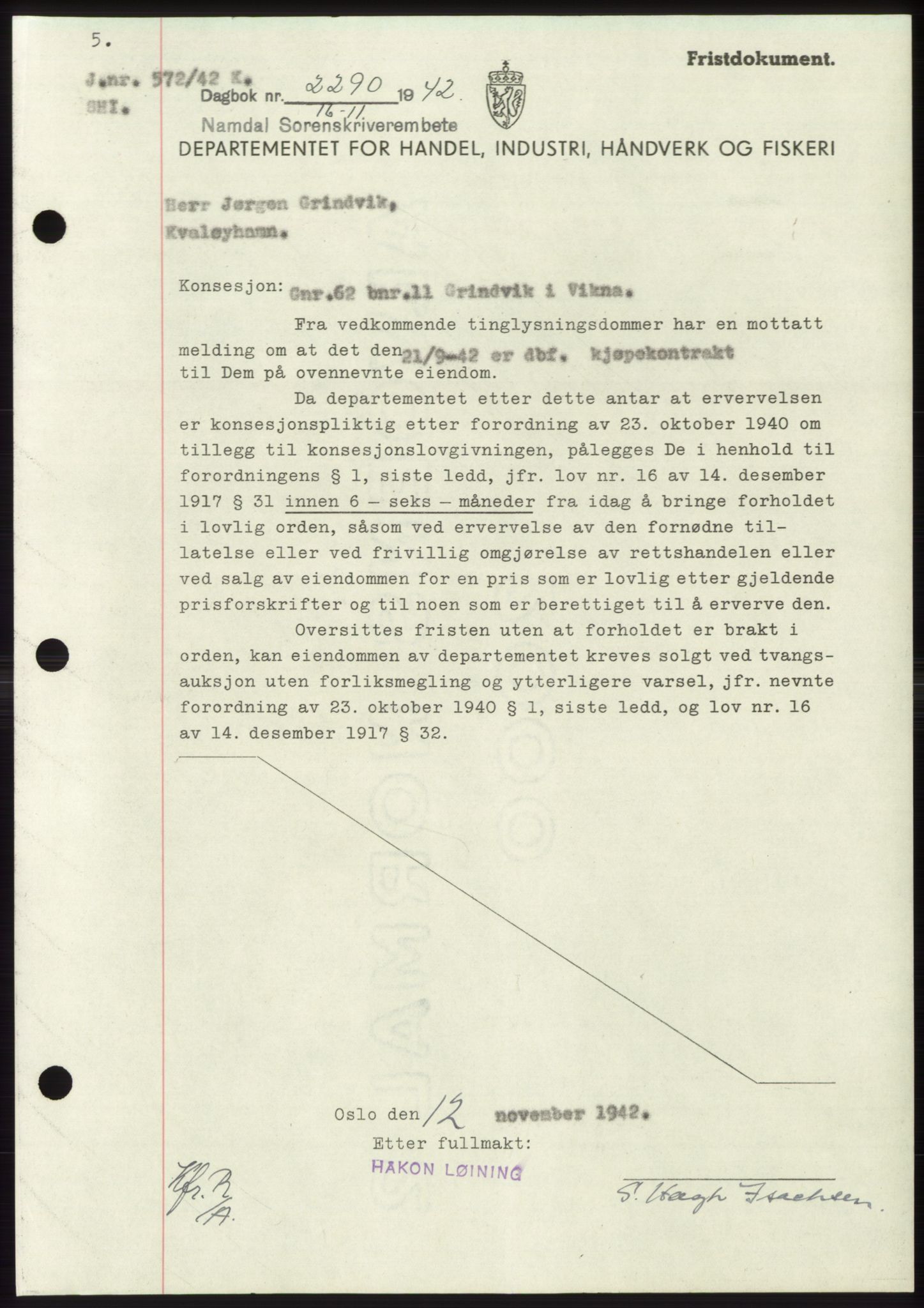 Namdal sorenskriveri, SAT/A-4133/1/2/2C: Pantebok nr. -, 1942-1943, Dagboknr: 2290/1942