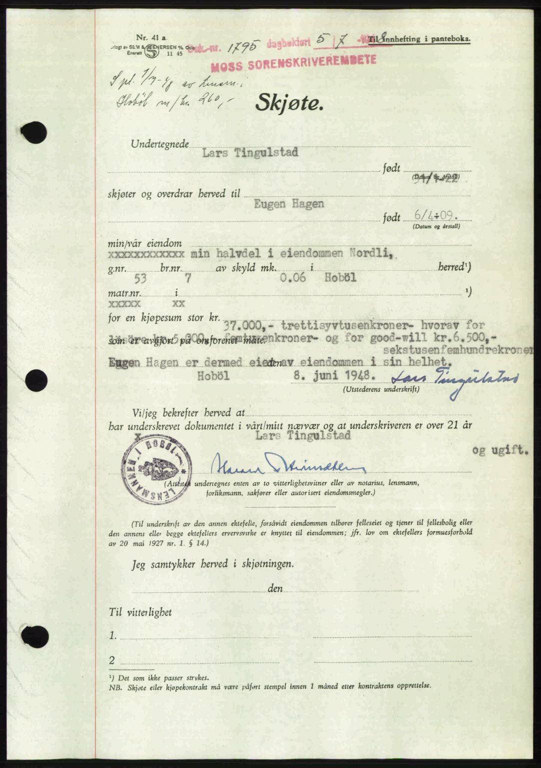 Moss sorenskriveri, SAO/A-10168: Pantebok nr. A20, 1948-1948, Dagboknr: 1795/1948