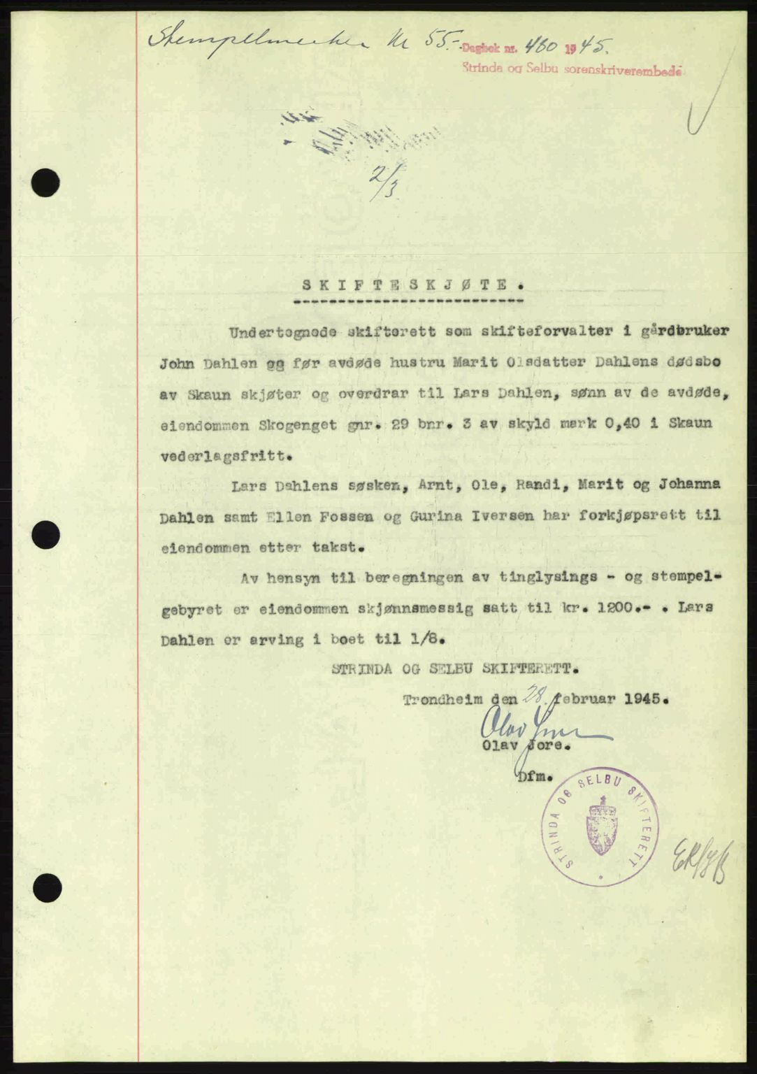 Strinda og Selbu sorenskriveri, SAT/A-0015/2/2C: Pantebok nr. A9, 1944-1945, Dagboknr: 480/1945