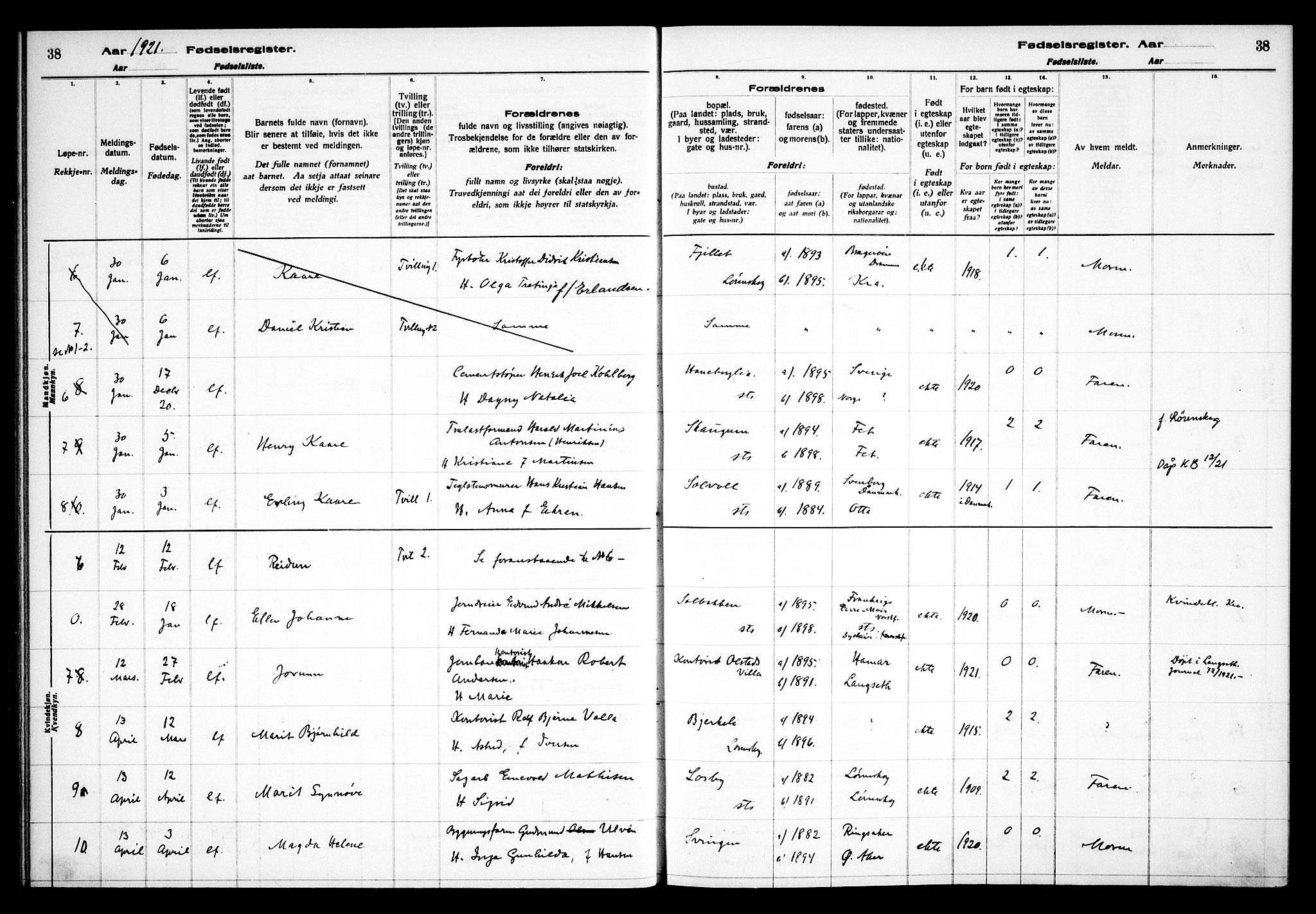 Skedsmo prestekontor Kirkebøker, AV/SAO-A-10033a/J/Jb/L0001: Fødselsregister nr. II 1, 1916-1932, s. 38