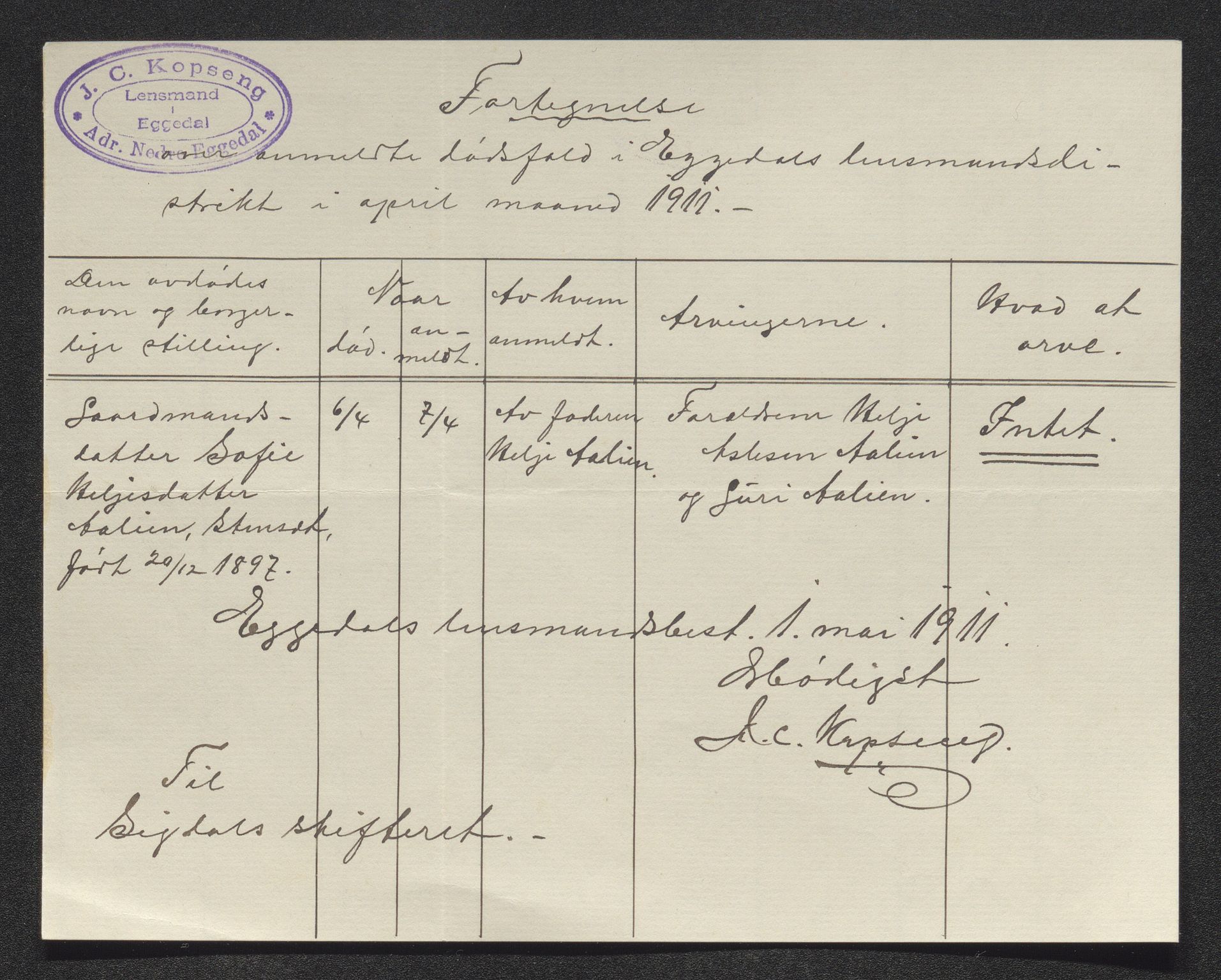 Eiker, Modum og Sigdal sorenskriveri, AV/SAKO-A-123/H/Ha/Hab/L0034: Dødsfallsmeldinger, 1911, s. 326