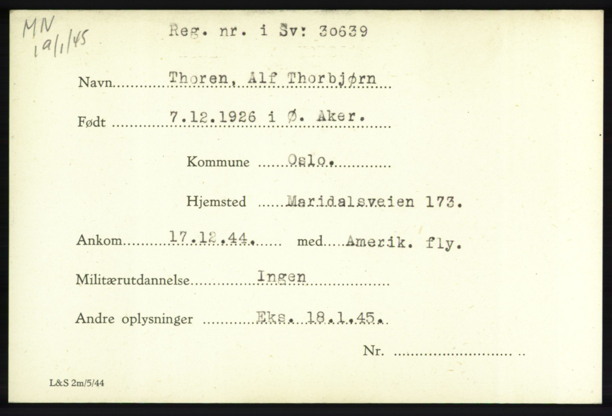 Forsvarets Overkommando. 2. kontor. Arkiv 8.1. Mottakersentralen FDE og FO.II, RA/RAFA-6952/P/Pa/L0020: Thoren - Vivik, 1940-1945