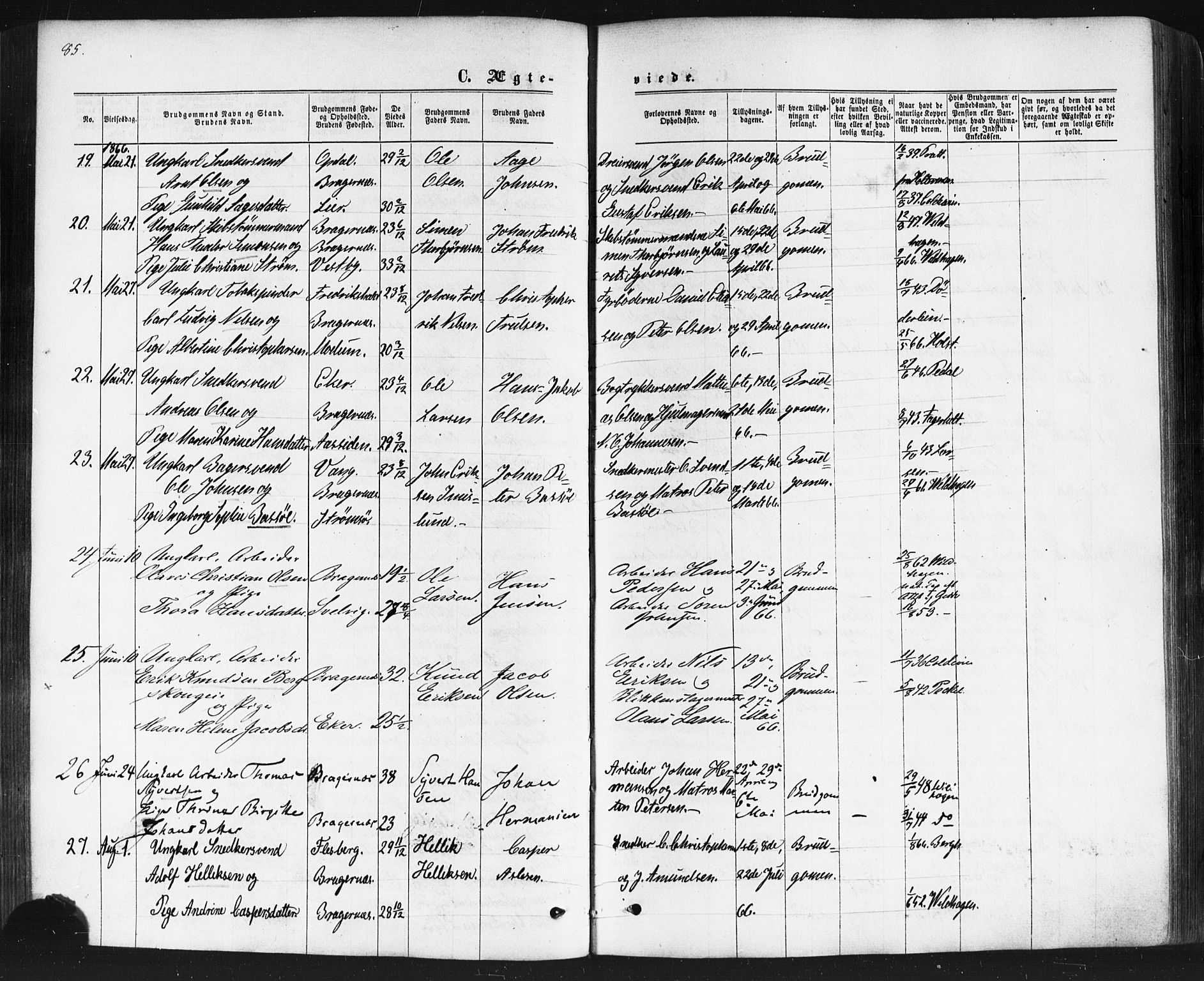 Bragernes kirkebøker, AV/SAKO-A-6/F/Fc/L0003: Ministerialbok nr. III 3, 1865-1874, s. 85