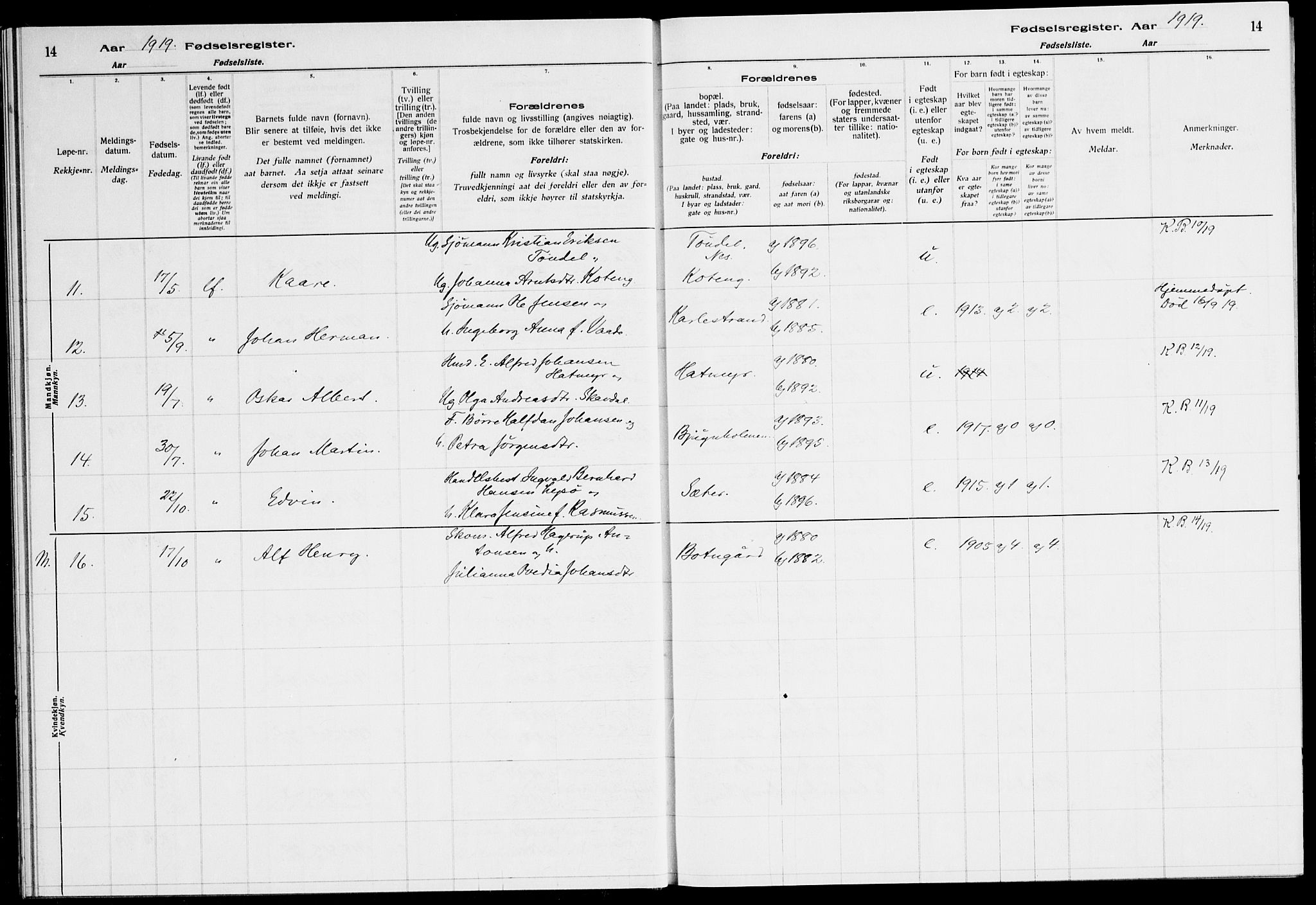 Ministerialprotokoller, klokkerbøker og fødselsregistre - Sør-Trøndelag, AV/SAT-A-1456/651/L0650: Fødselsregister nr. 651.II.4.1, 1916-1923, s. 14