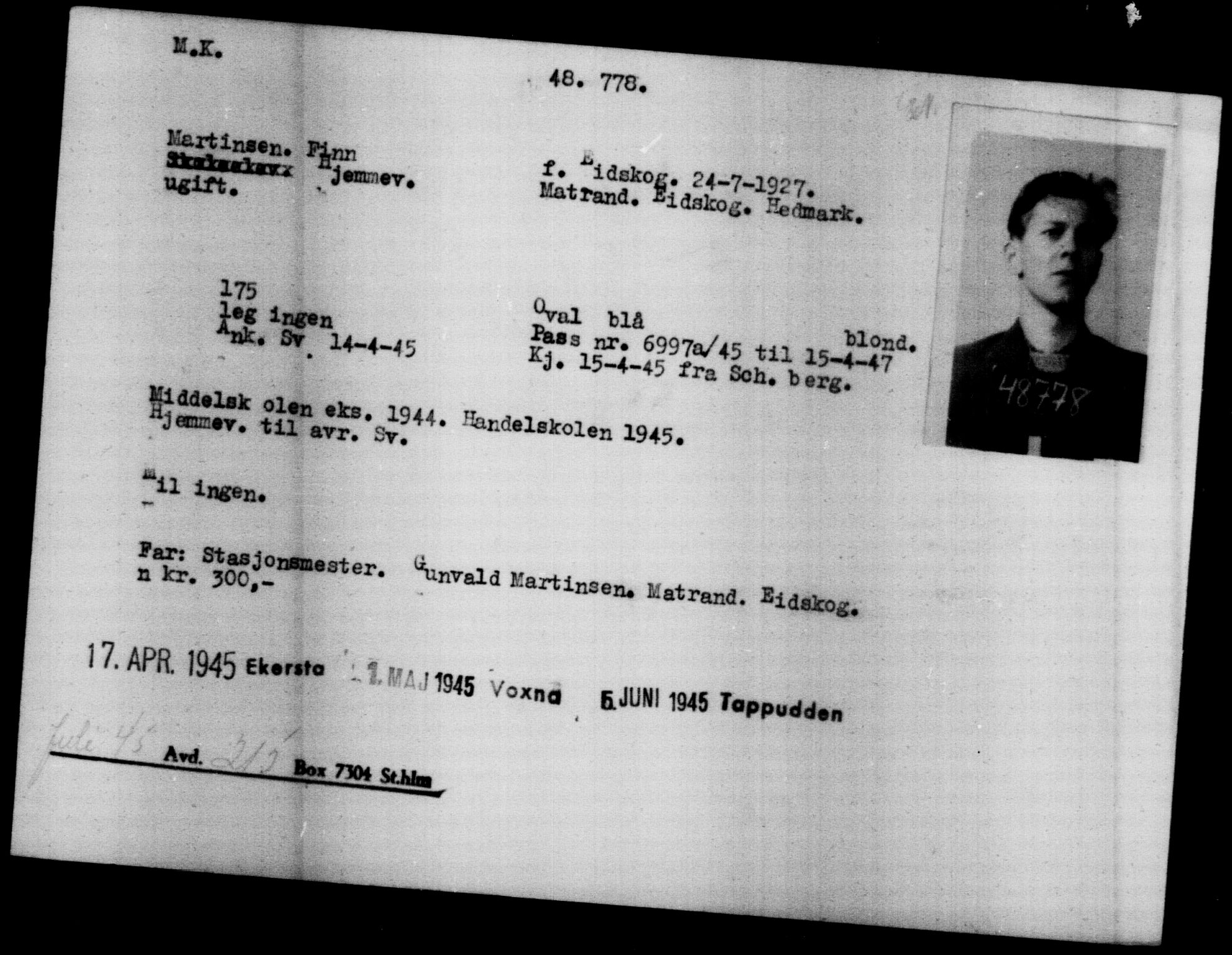 Utenriksstasjonene, Legasjonen i Stockholm, Flyktningkontoret, AV/RA-S-6753/V/Va/L0018: Kjesäterkartoteket, flyktninger med registreringsnr. 46200 og 46300-49603, 1940-1945, s. 2594