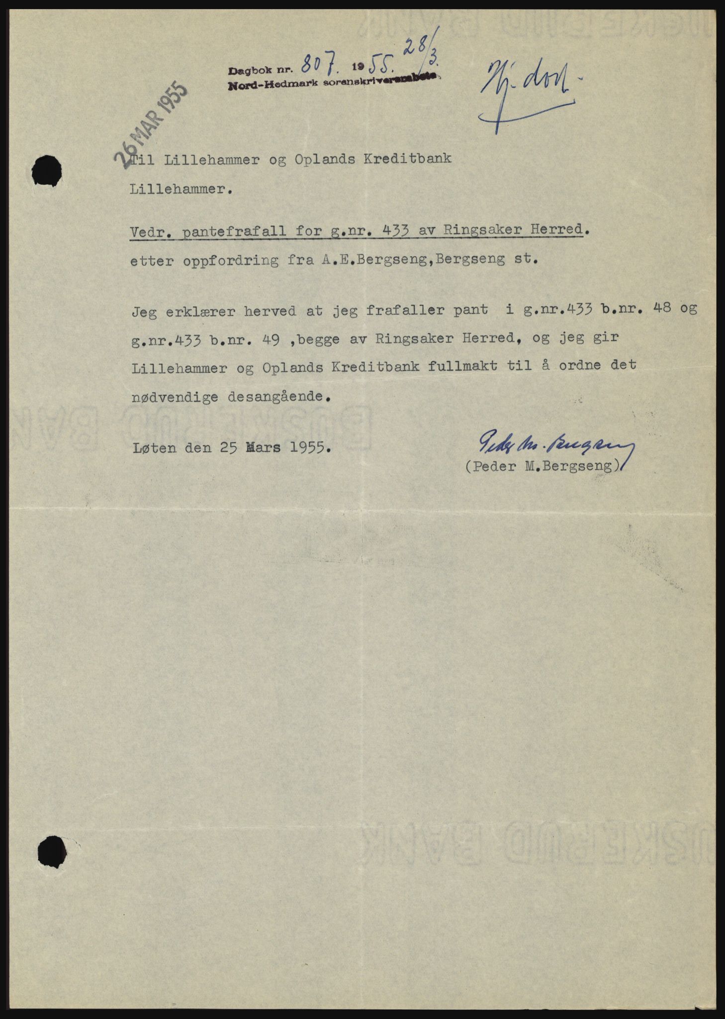 Nord-Hedmark sorenskriveri, SAH/TING-012/H/Hc/L0010: Pantebok nr. 10, 1955-1956, Dagboknr: 807/1955