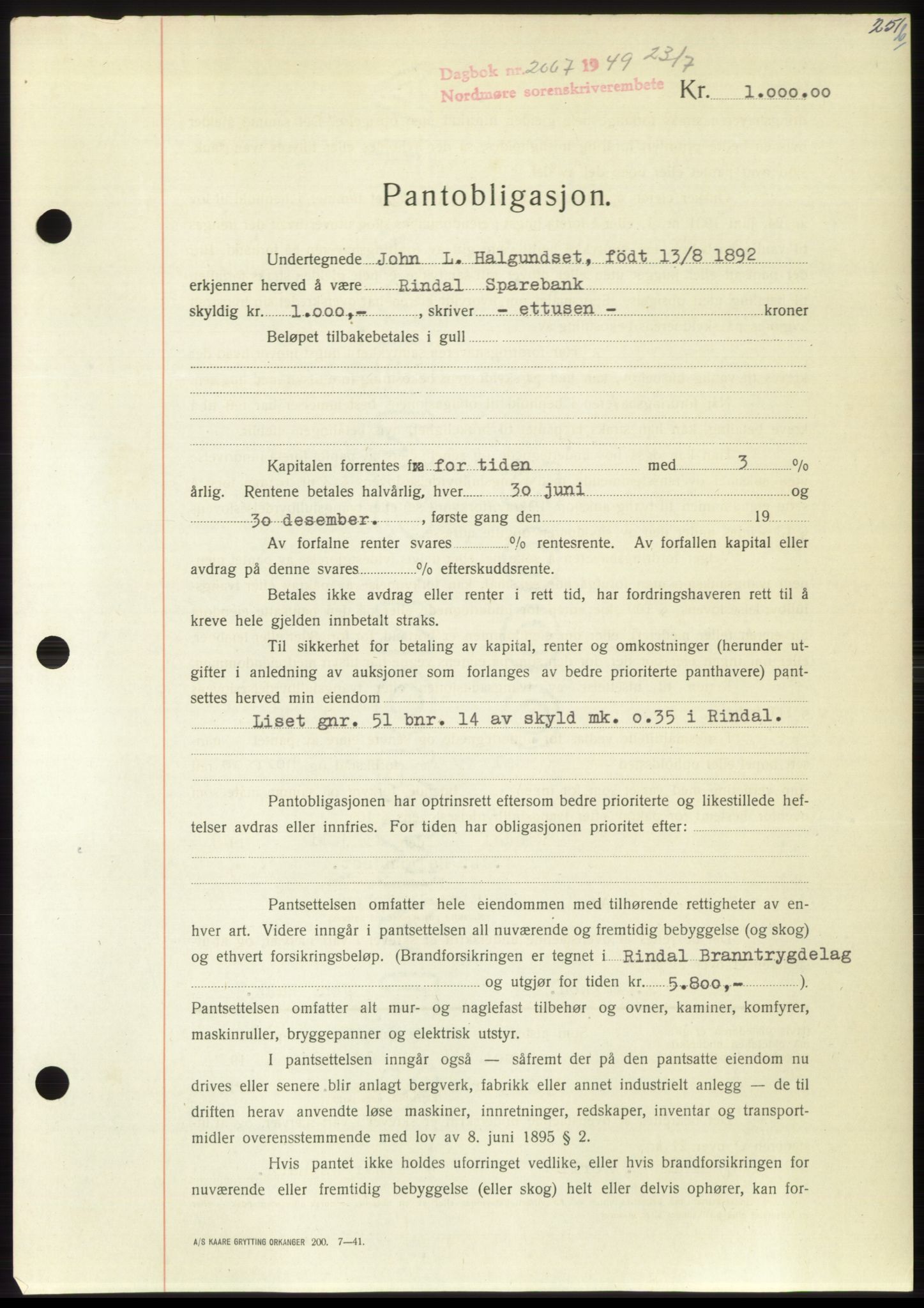 Nordmøre sorenskriveri, AV/SAT-A-4132/1/2/2Ca: Pantebok nr. B102, 1949-1949, Dagboknr: 2067/1949