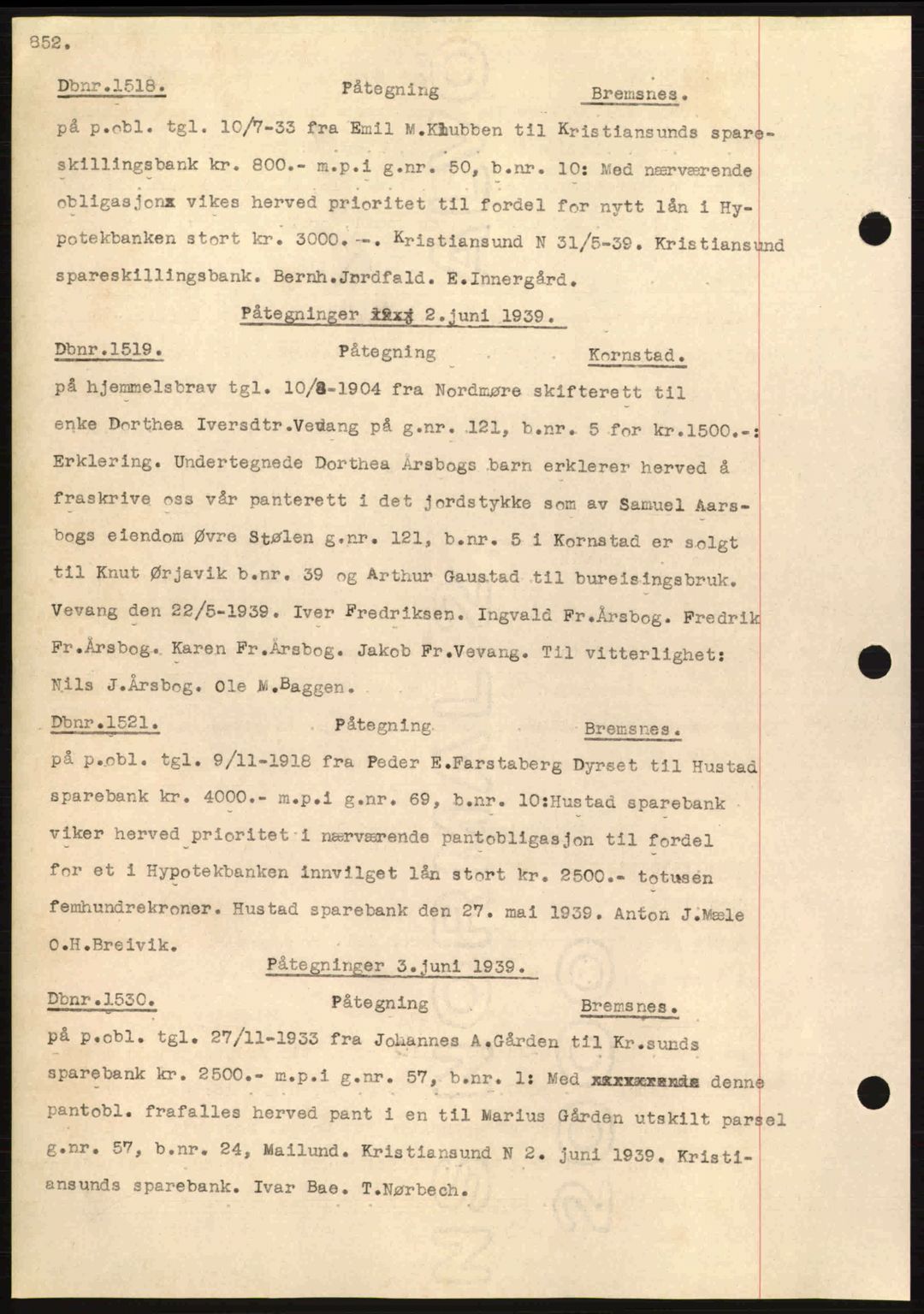 Nordmøre sorenskriveri, SAT/A-4132/1/2/2Ca: Pantebok nr. C80, 1936-1939, Dagboknr: 1518/1939