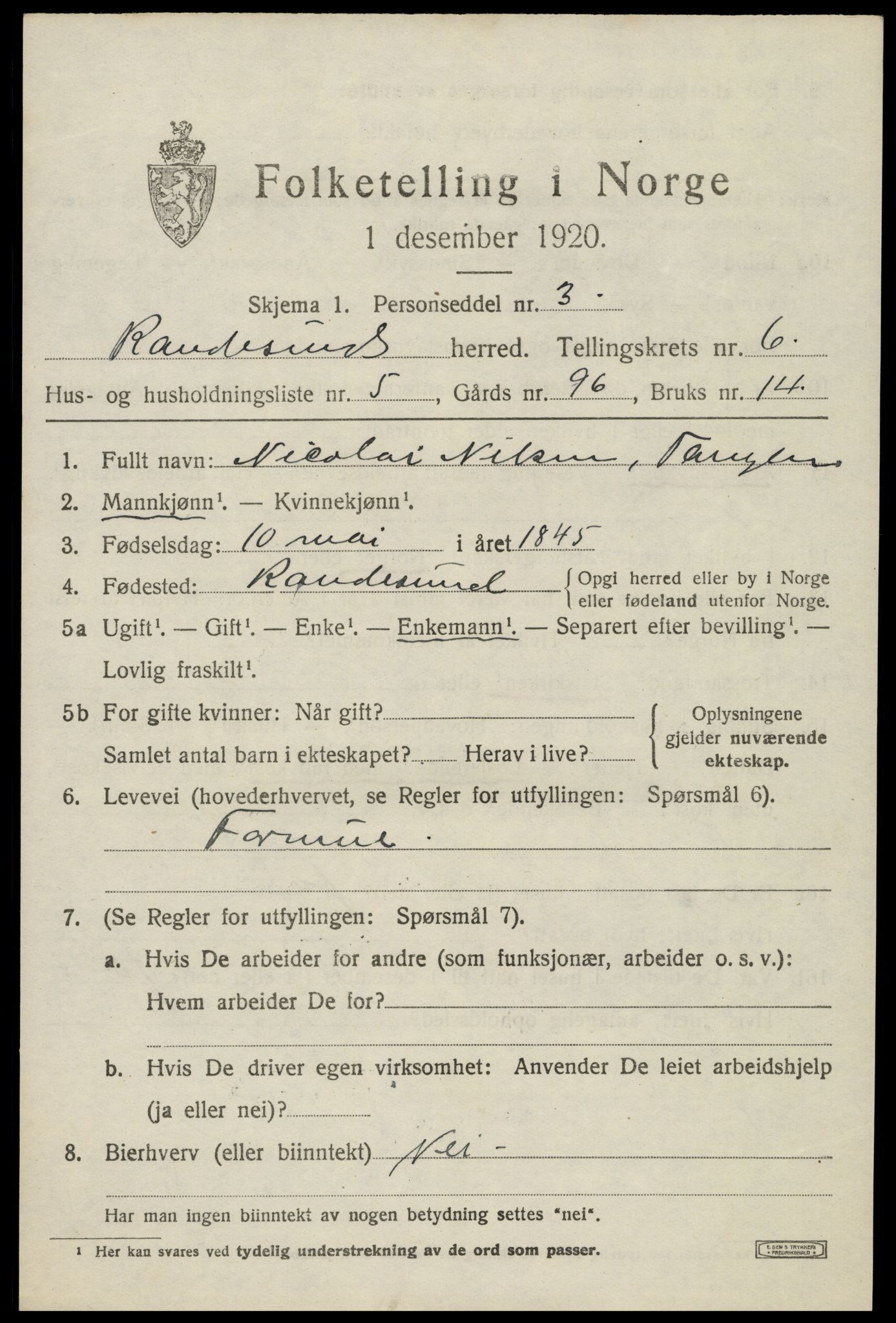 SAK, Folketelling 1920 for 1011 Randesund herred, 1920, s. 2786