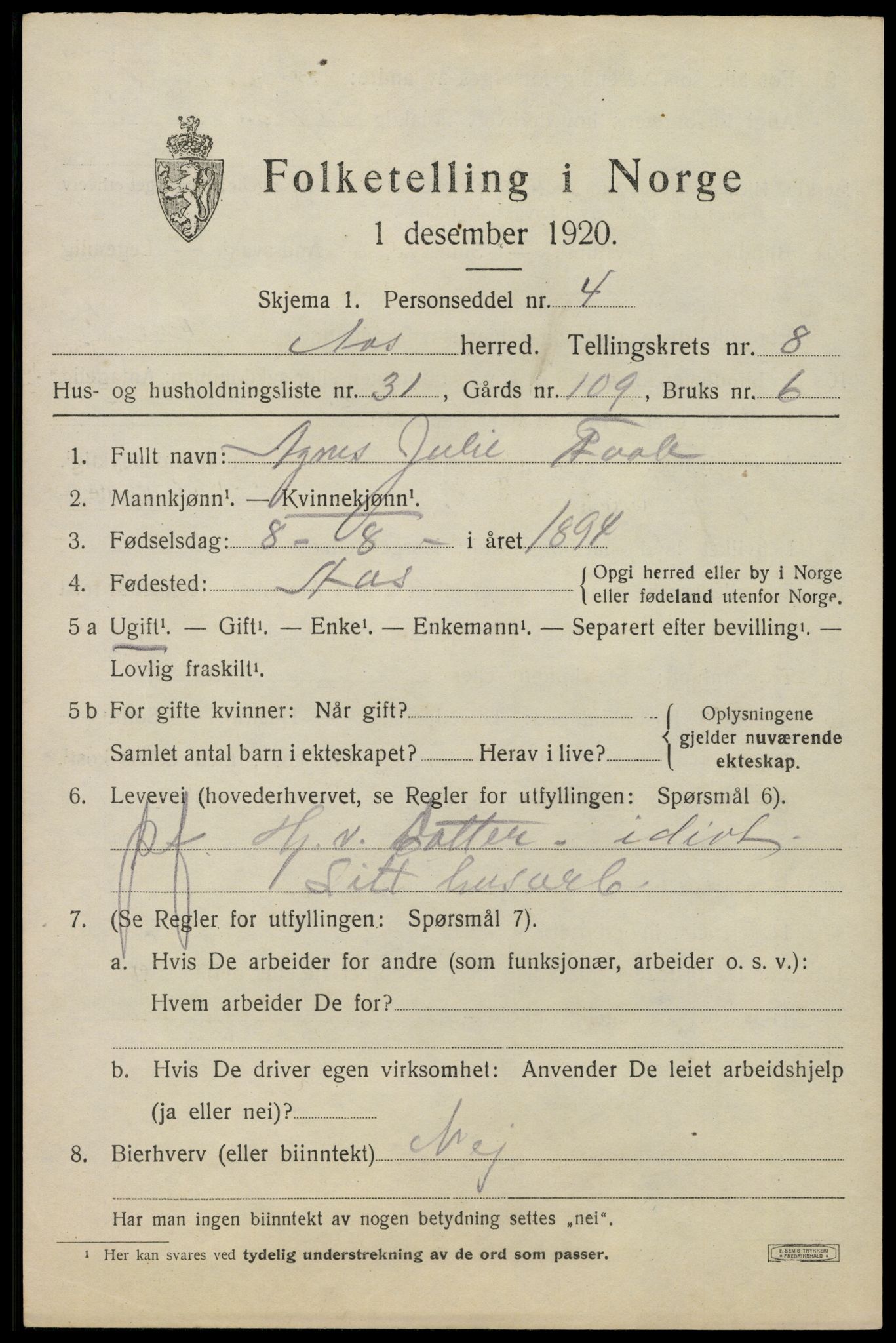 SAO, Folketelling 1920 for 0214 Ås herred, 1920, s. 8334