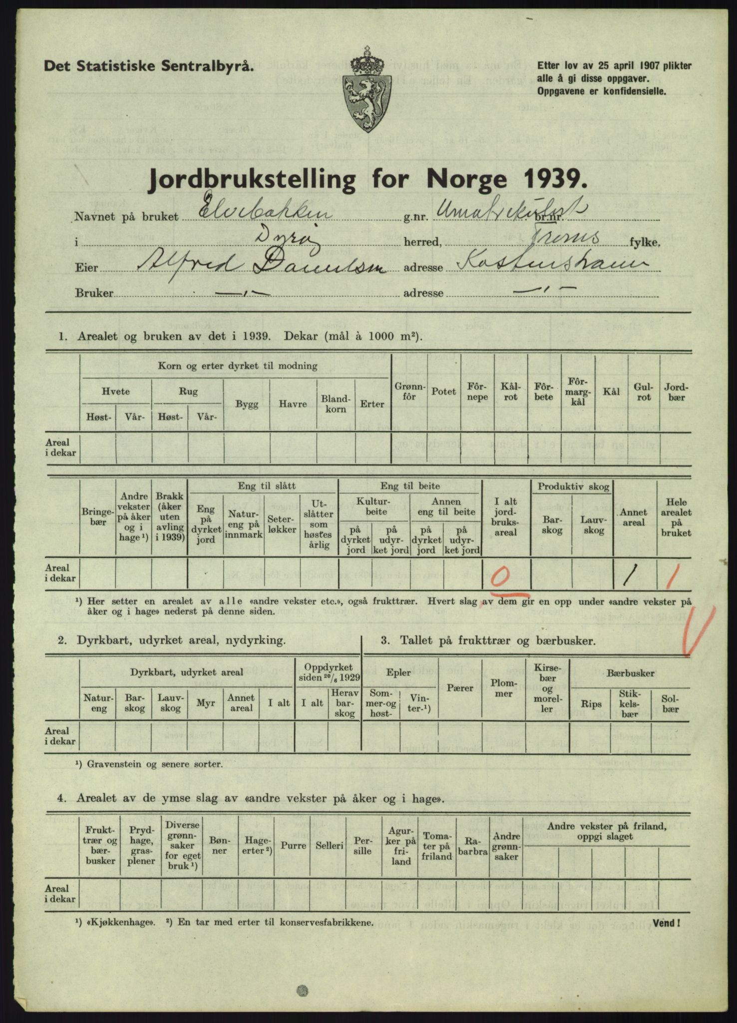 Statistisk sentralbyrå, Næringsøkonomiske emner, Jordbruk, skogbruk, jakt, fiske og fangst, AV/RA-S-2234/G/Gb/L0340: Troms: Salangen og Dyrøy, 1939, s. 831