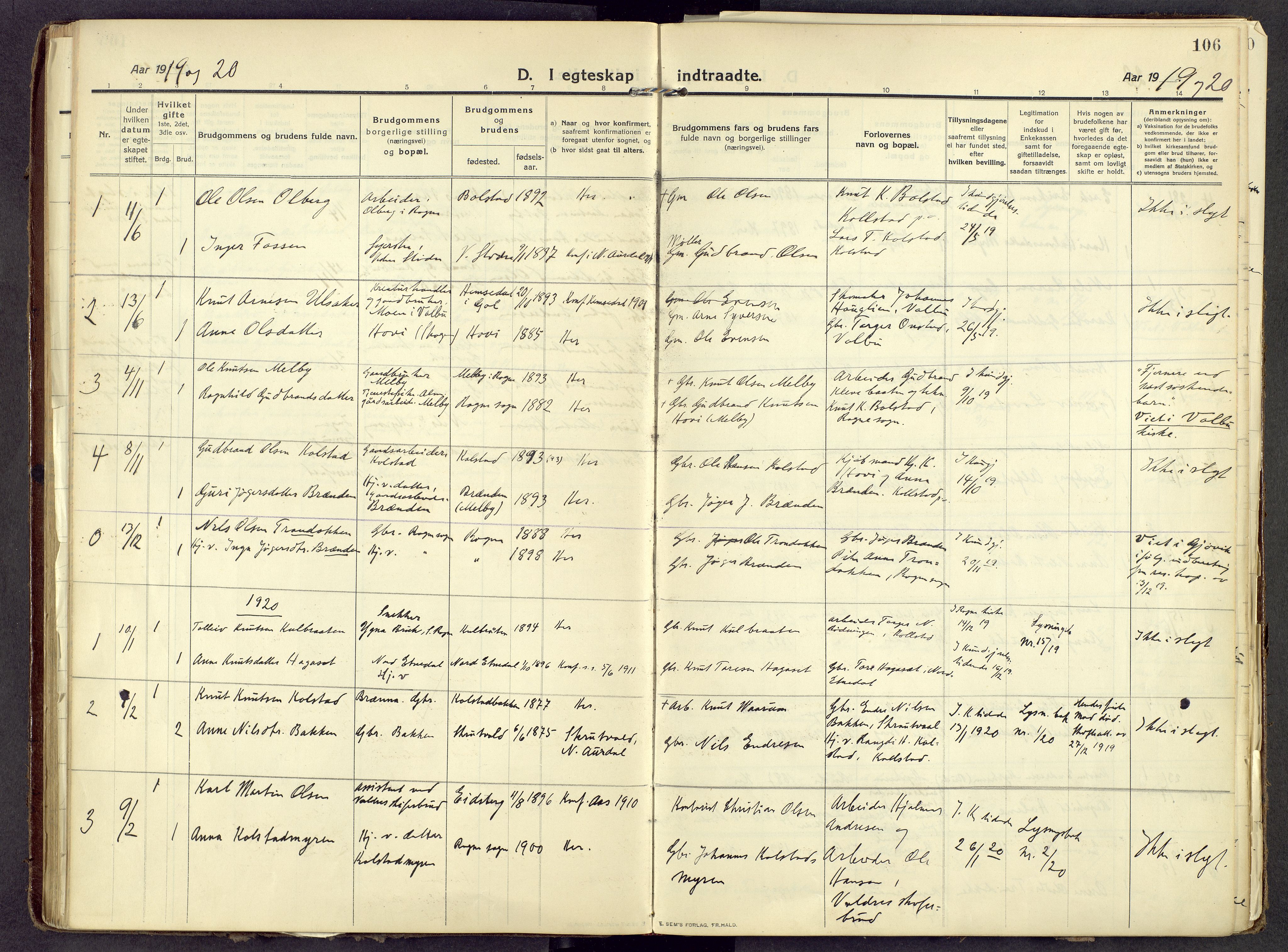 Øystre Slidre prestekontor, SAH/PREST-138/H/Ha/Haa/L0006: Ministerialbok nr. 6, 1911-1931, s. 106