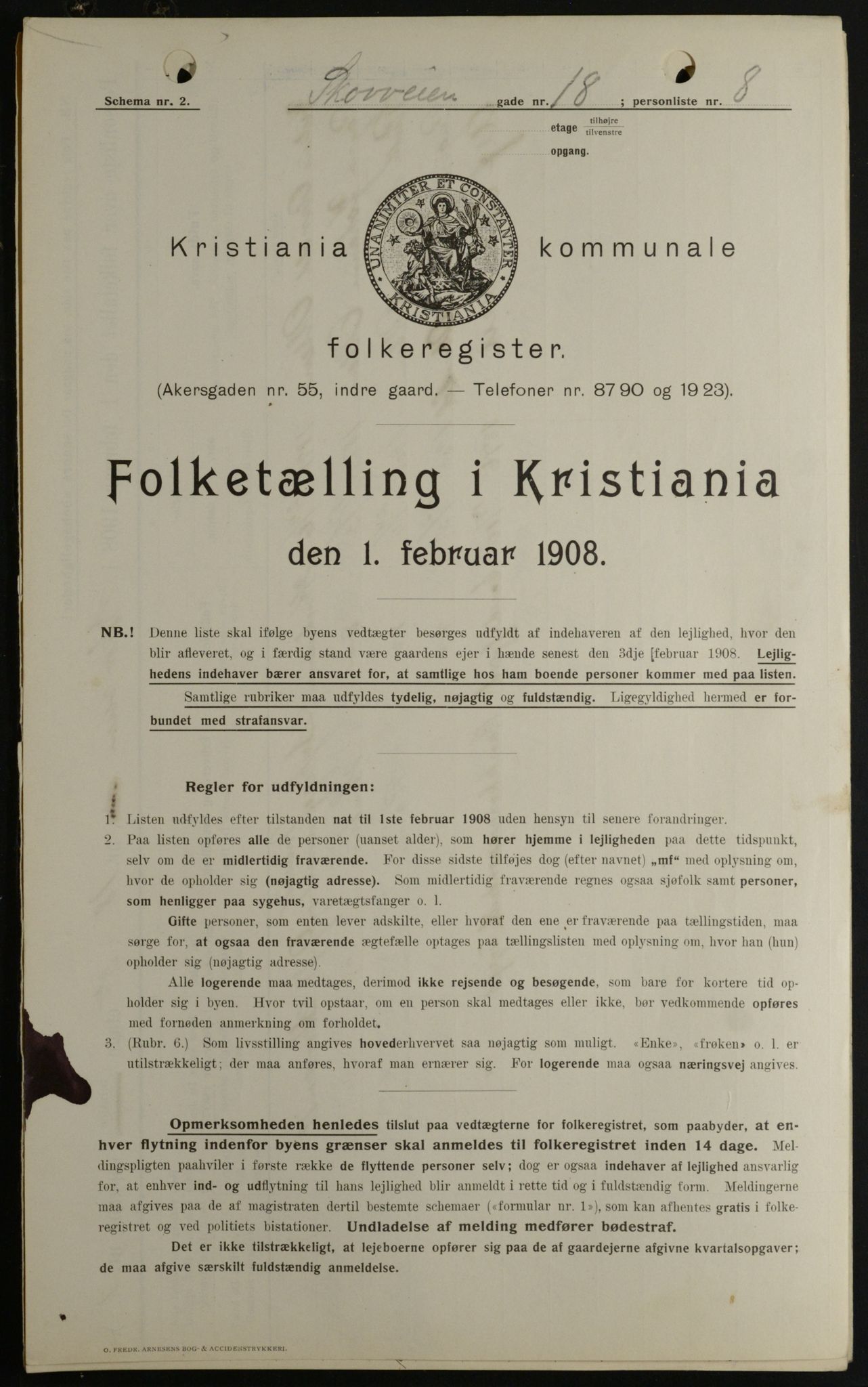 OBA, Kommunal folketelling 1.2.1908 for Kristiania kjøpstad, 1908, s. 87014