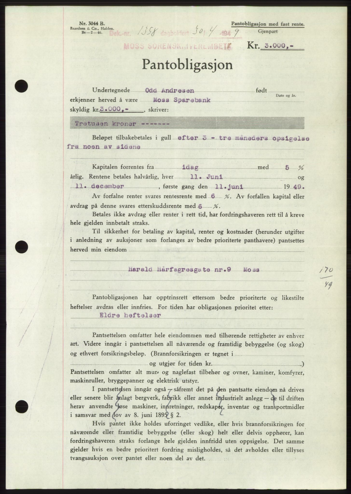 Moss sorenskriveri, SAO/A-10168: Pantebok nr. B21, 1949-1949, Dagboknr: 1358/1949