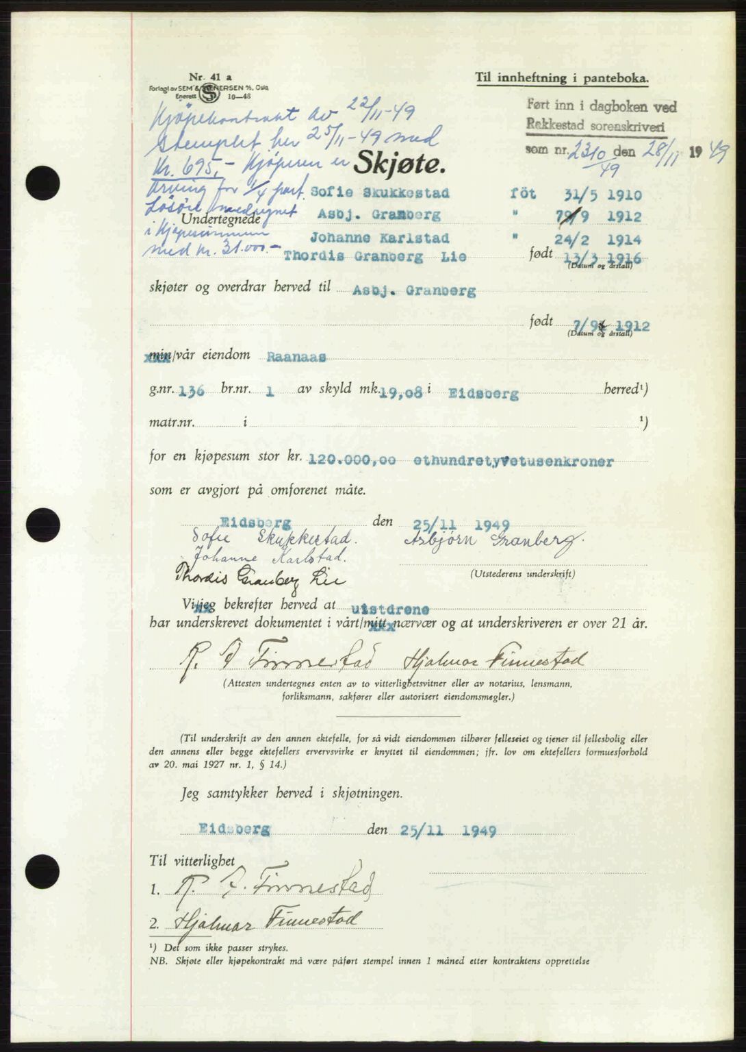 Rakkestad sorenskriveri, SAO/A-10686/G/Gb/Gba/Gbab/L0019: Pantebok nr. A19, 1949-1950, Dagboknr: 2310/1949