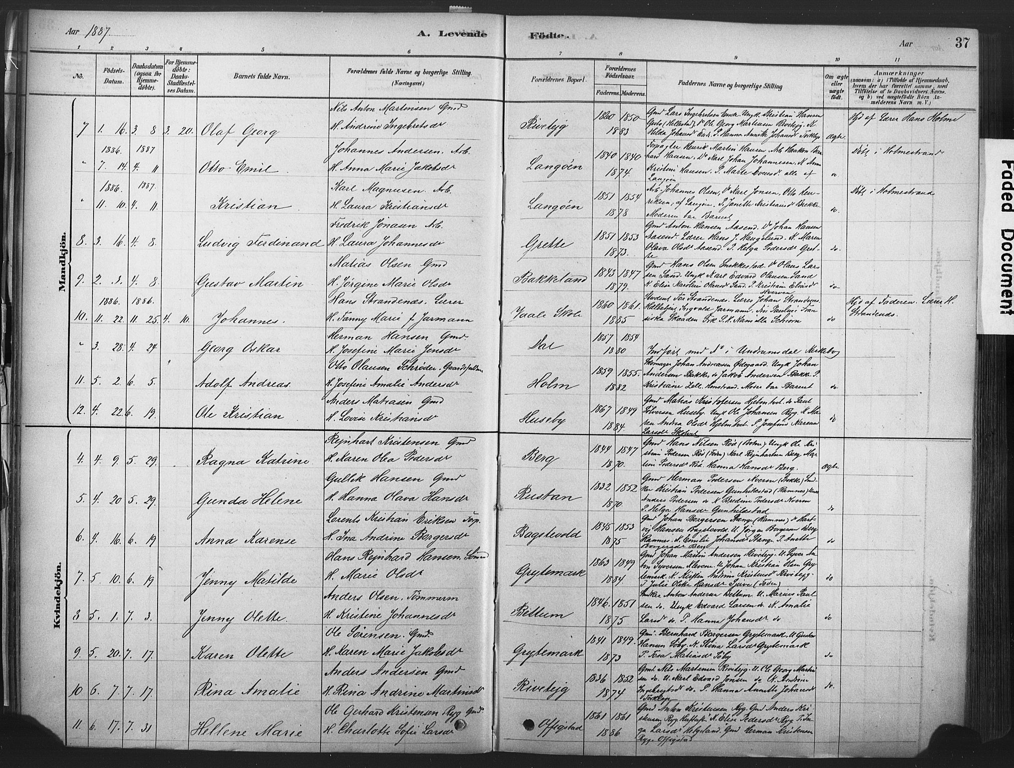 Våle kirkebøker, AV/SAKO-A-334/F/Fa/L0011: Ministerialbok nr. I 11, 1878-1906, s. 37