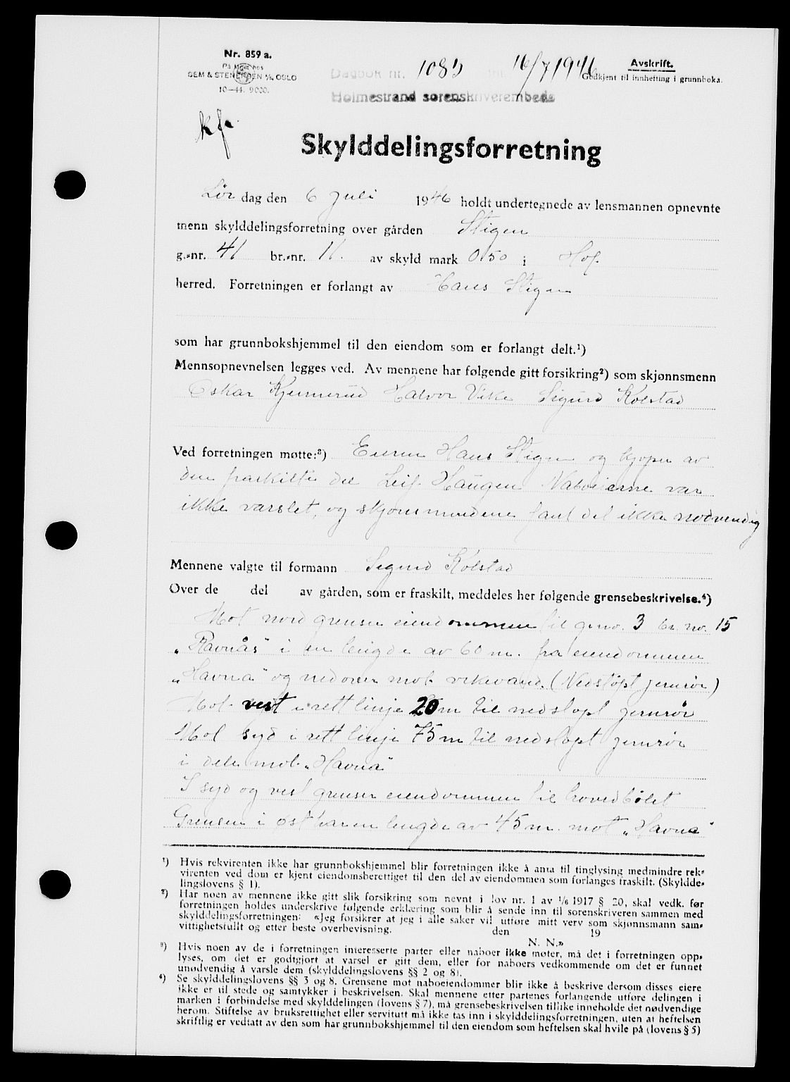 Holmestrand sorenskriveri, SAKO/A-67/G/Ga/Gaa/L0060: Pantebok nr. A-60, 1946-1946, Dagboknr: 1085/1946