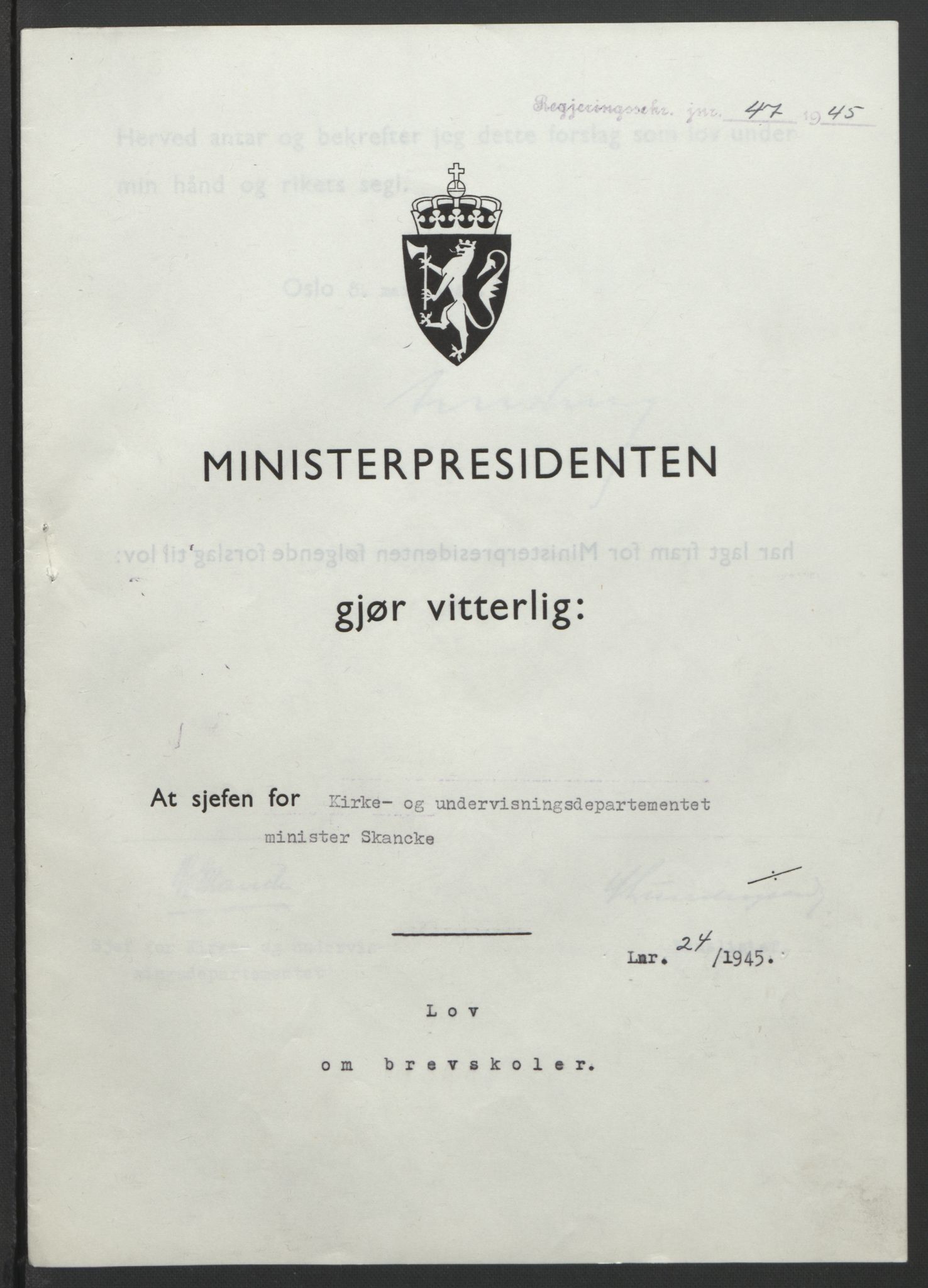 NS-administrasjonen 1940-1945 (Statsrådsekretariatet, de kommisariske statsråder mm), RA/S-4279/D/Db/L0101/0001: -- / Lover og vedtak, 1945, s. 98