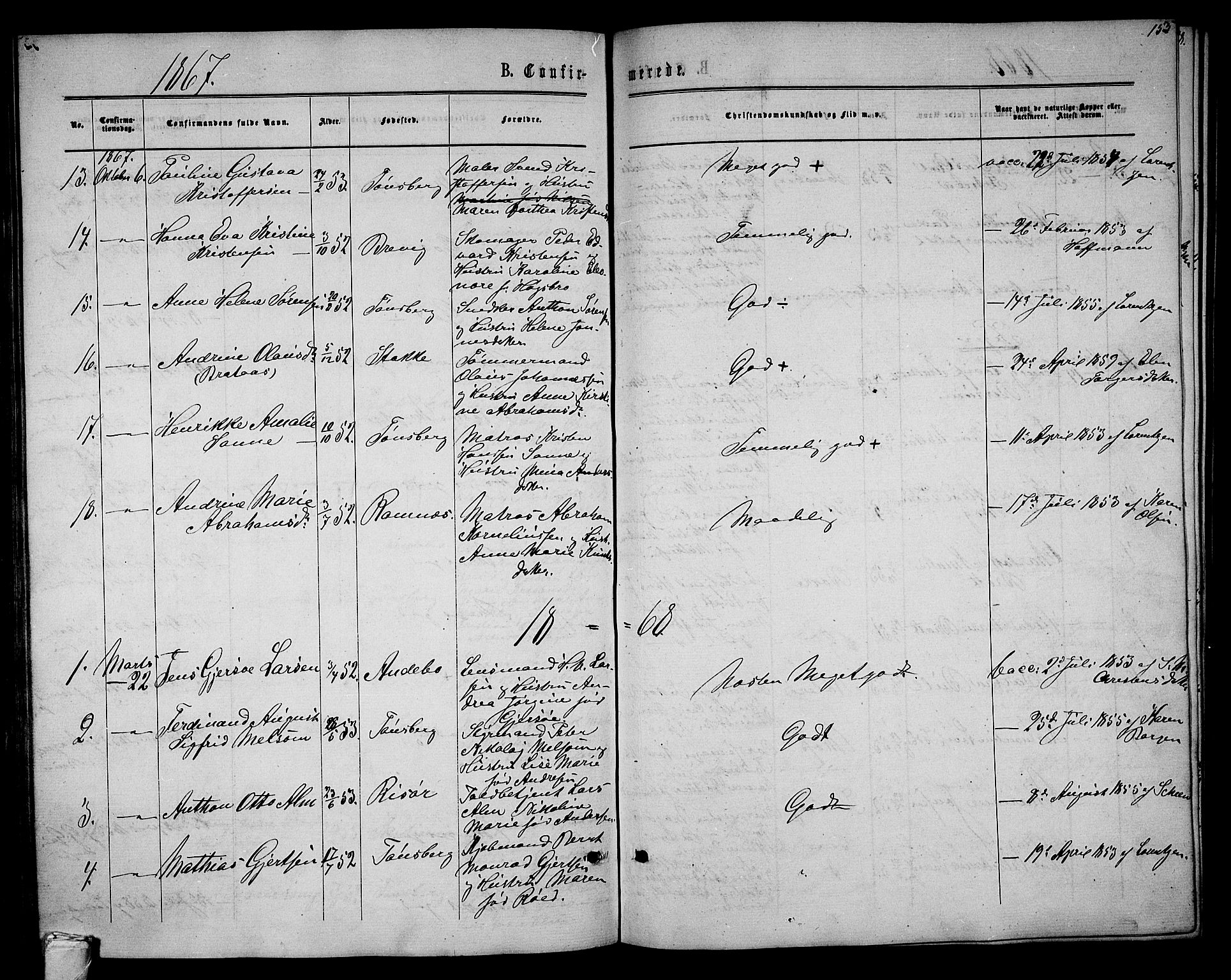 Tønsberg kirkebøker, AV/SAKO-A-330/G/Ga/L0004: Klokkerbok nr. 4, 1865-1874, s. 155