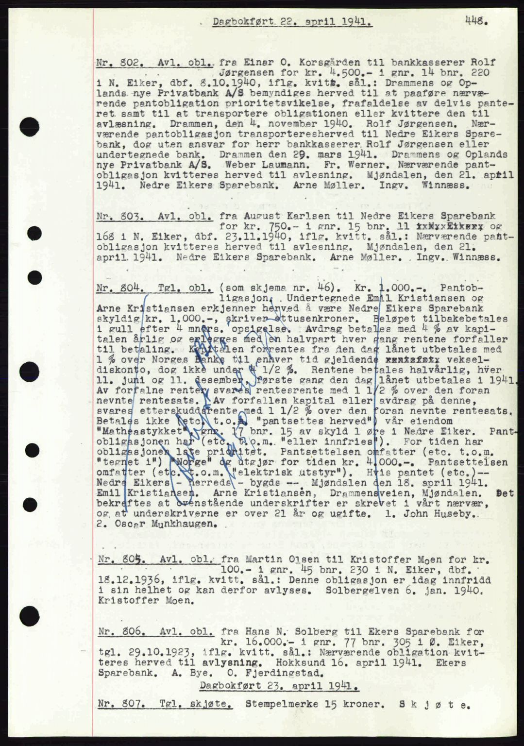 Eiker, Modum og Sigdal sorenskriveri, SAKO/A-123/G/Ga/Gab/L0043: Pantebok nr. A13, 1940-1941, Dagboknr: 802/1941