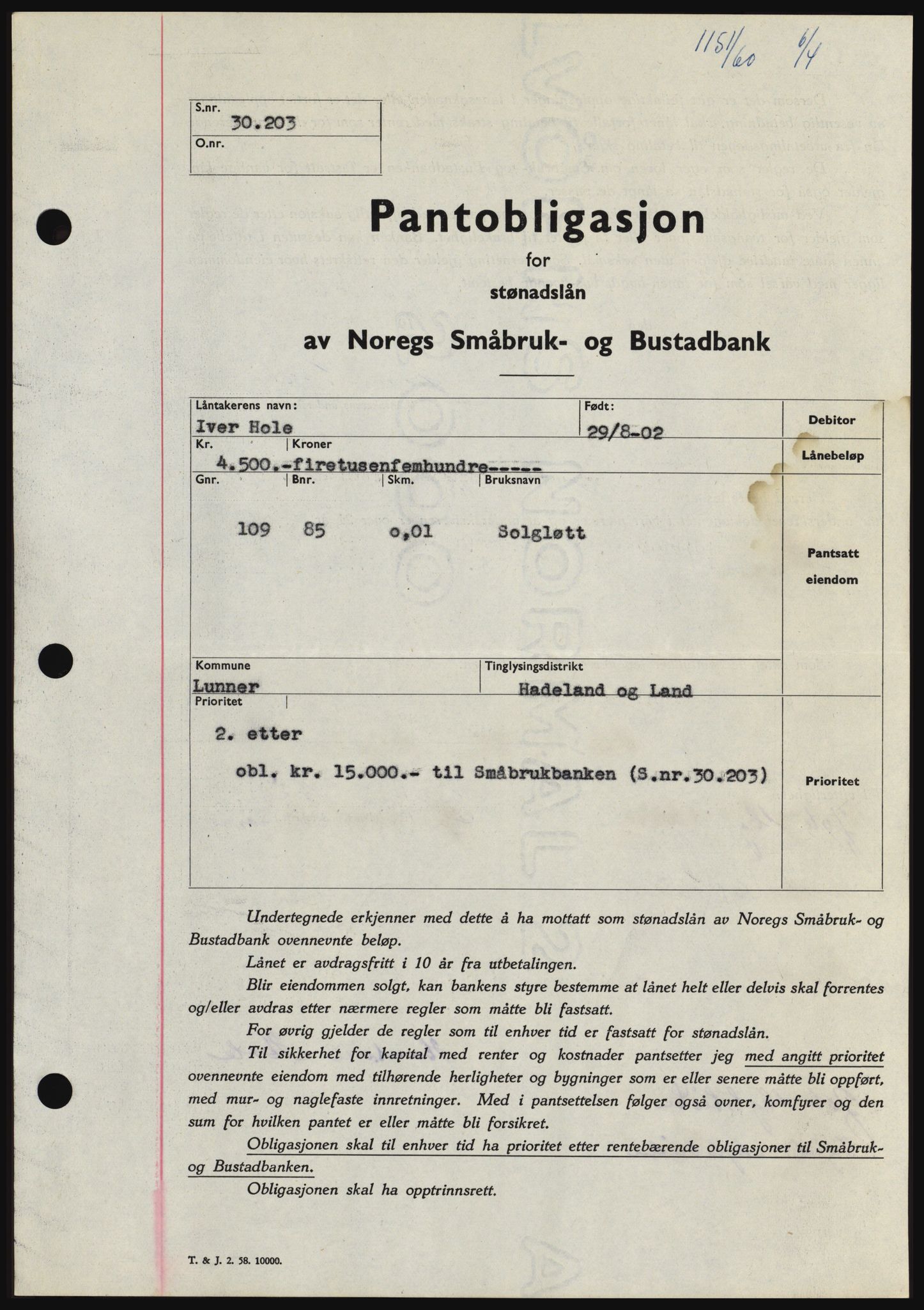 Hadeland og Land tingrett, SAH/TING-010/H/Hb/Hbc/L0042: Pantebok nr. B42, 1959-1960, Dagboknr: 1151/1960