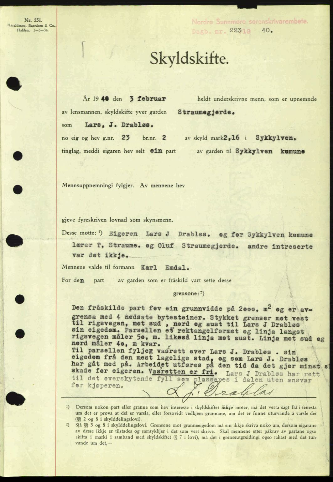 Nordre Sunnmøre sorenskriveri, AV/SAT-A-0006/1/2/2C/2Ca: Pantebok nr. A8, 1939-1940, Dagboknr: 223/1940