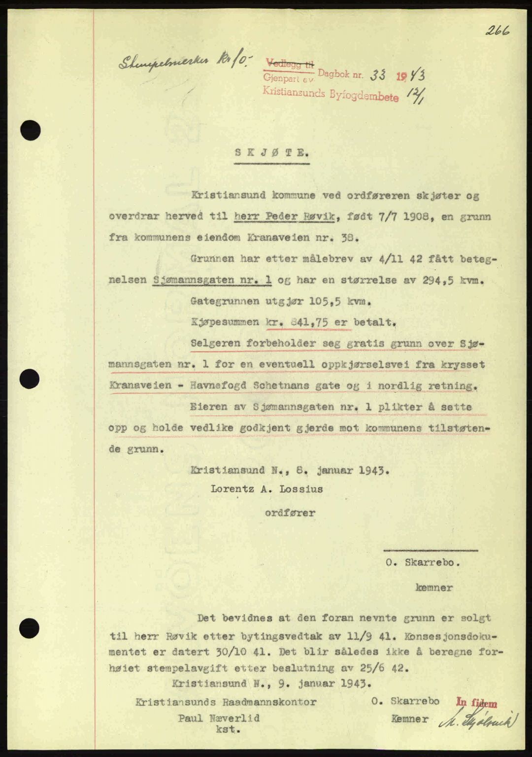 Kristiansund byfogd, AV/SAT-A-4587/A/27: Pantebok nr. 34, 1941-1945, Dagboknr: 33/1943