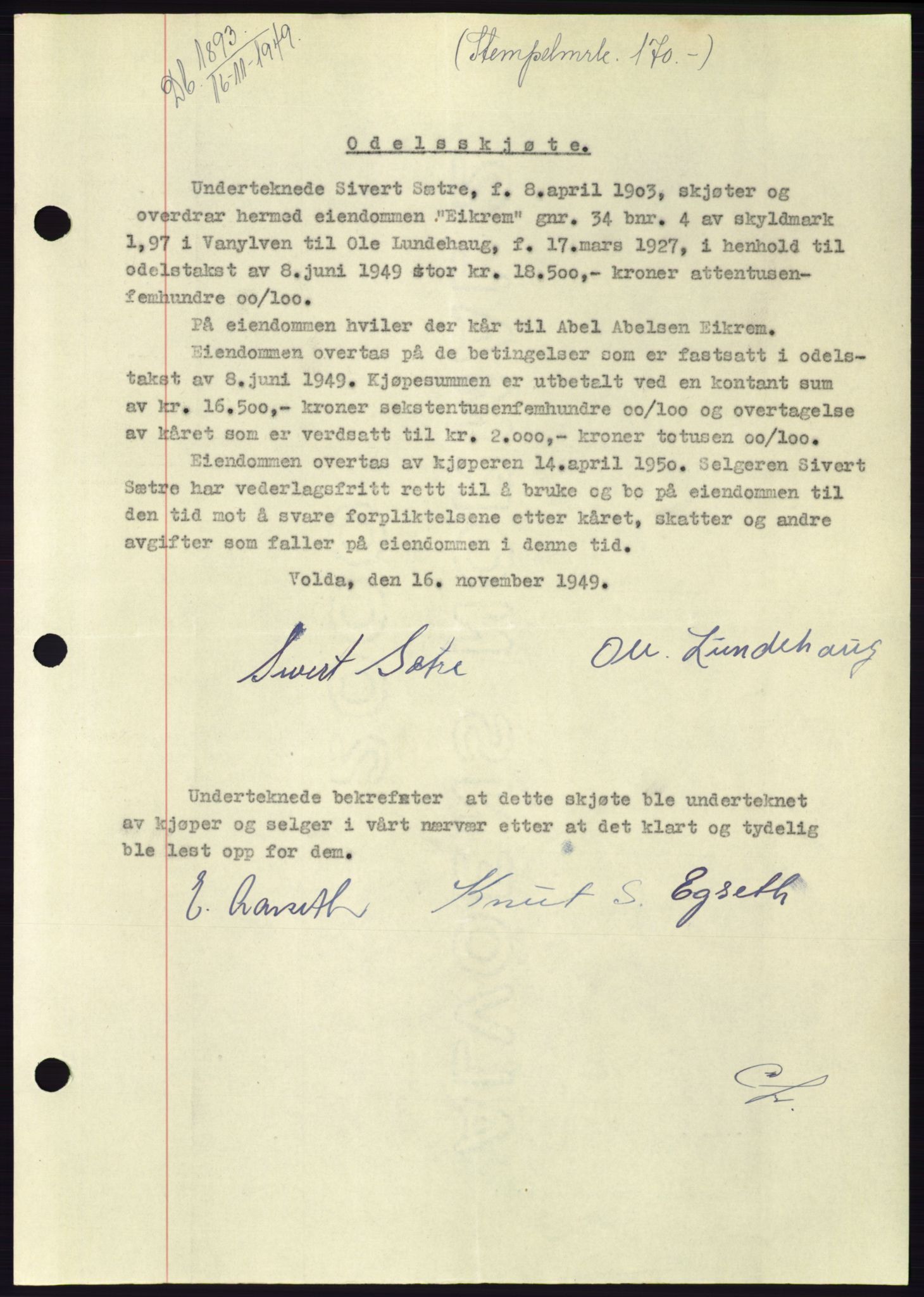 Søre Sunnmøre sorenskriveri, SAT/A-4122/1/2/2C/L0085: Pantebok nr. 11A, 1949-1949, Dagboknr: 1893/1949