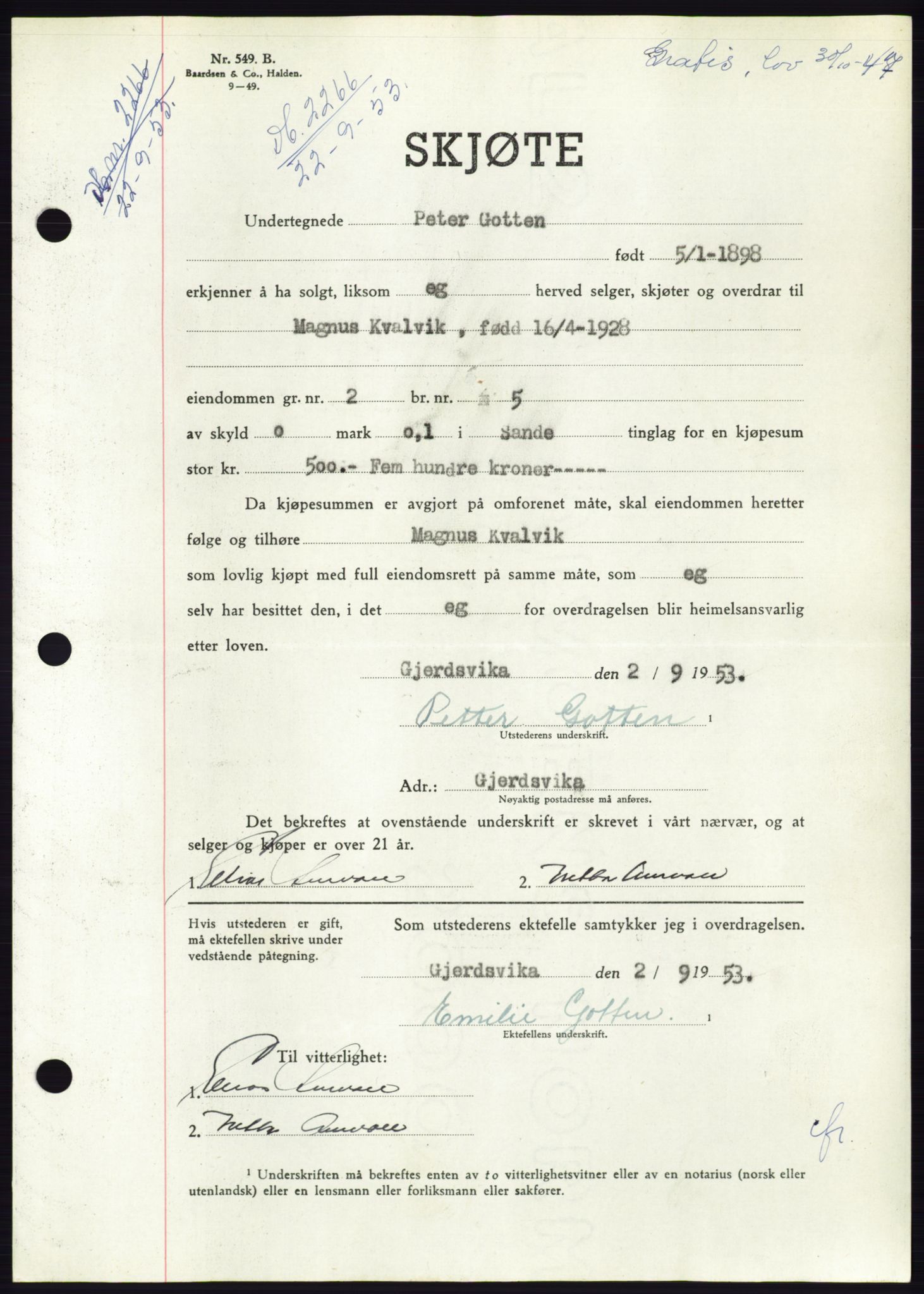 Søre Sunnmøre sorenskriveri, AV/SAT-A-4122/1/2/2C/L0095: Pantebok nr. 21A, 1953-1953, Dagboknr: 2266/1953