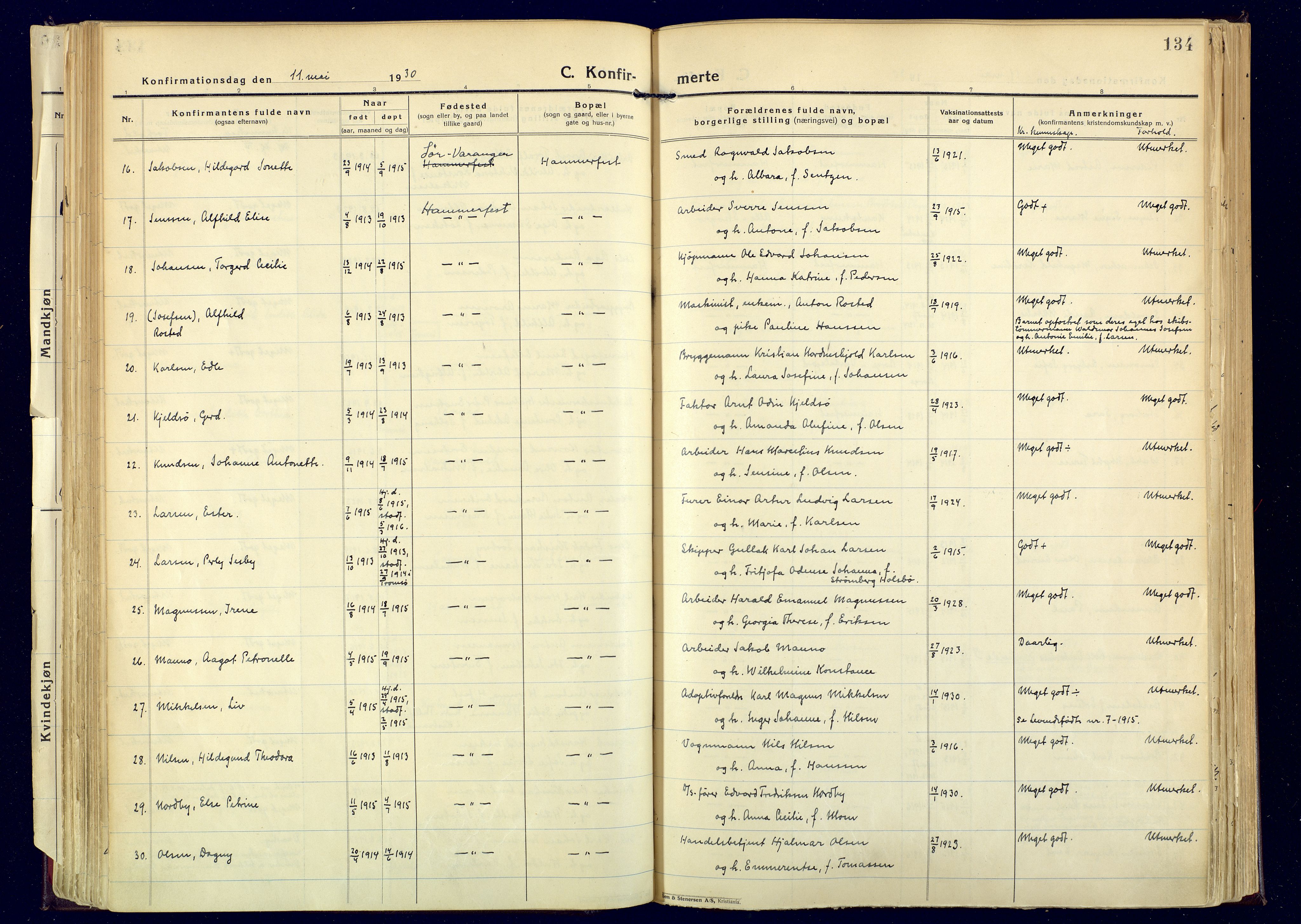 Hammerfest sokneprestkontor, SATØ/S-1347: Ministerialbok nr. 17, 1923-1933, s. 134