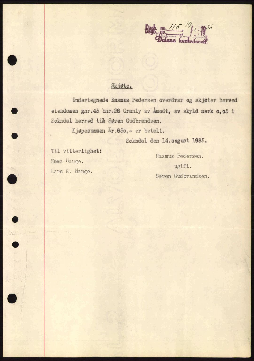 Dalane sorenskriveri, SAST/A-100309/02/G/Gb/L0040: Pantebok nr. A1, 1936-1936, Dagboknr: 115/1936