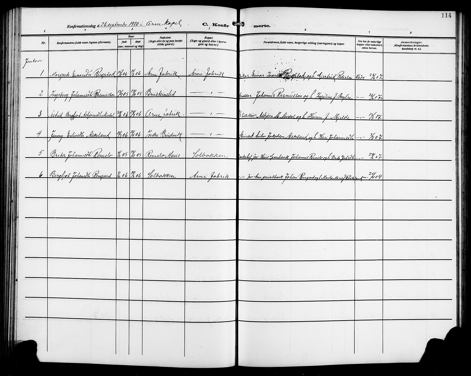 Arna Sokneprestembete, AV/SAB-A-74001/H/Ha/Hab: Klokkerbok nr. A 5, 1911-1921, s. 114