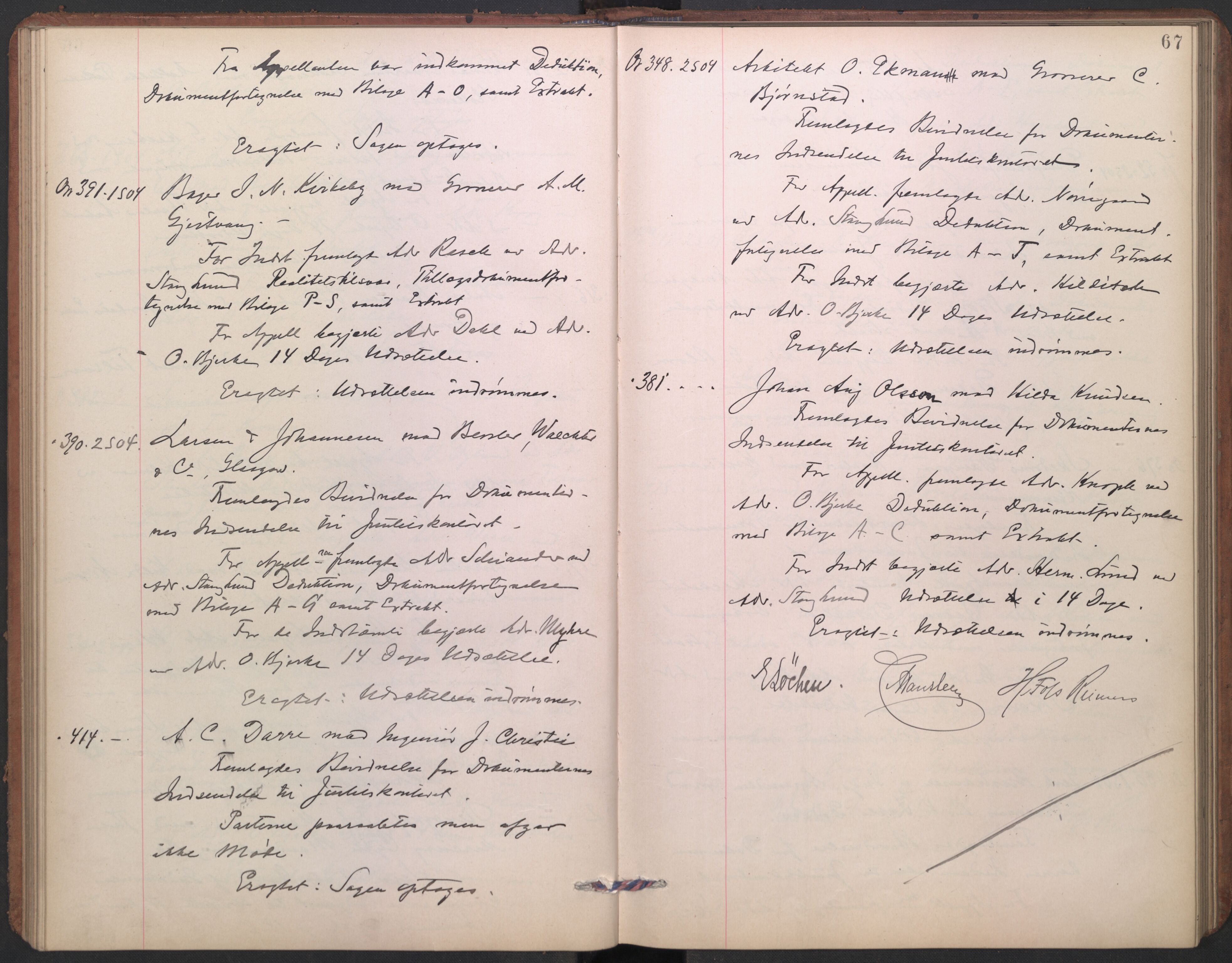 Høyesterett, AV/RA-S-1002/E/Ef/L0021: Protokoll over saker som gikk til skriftlig behandling, 1904-1907, s. 66b-67a