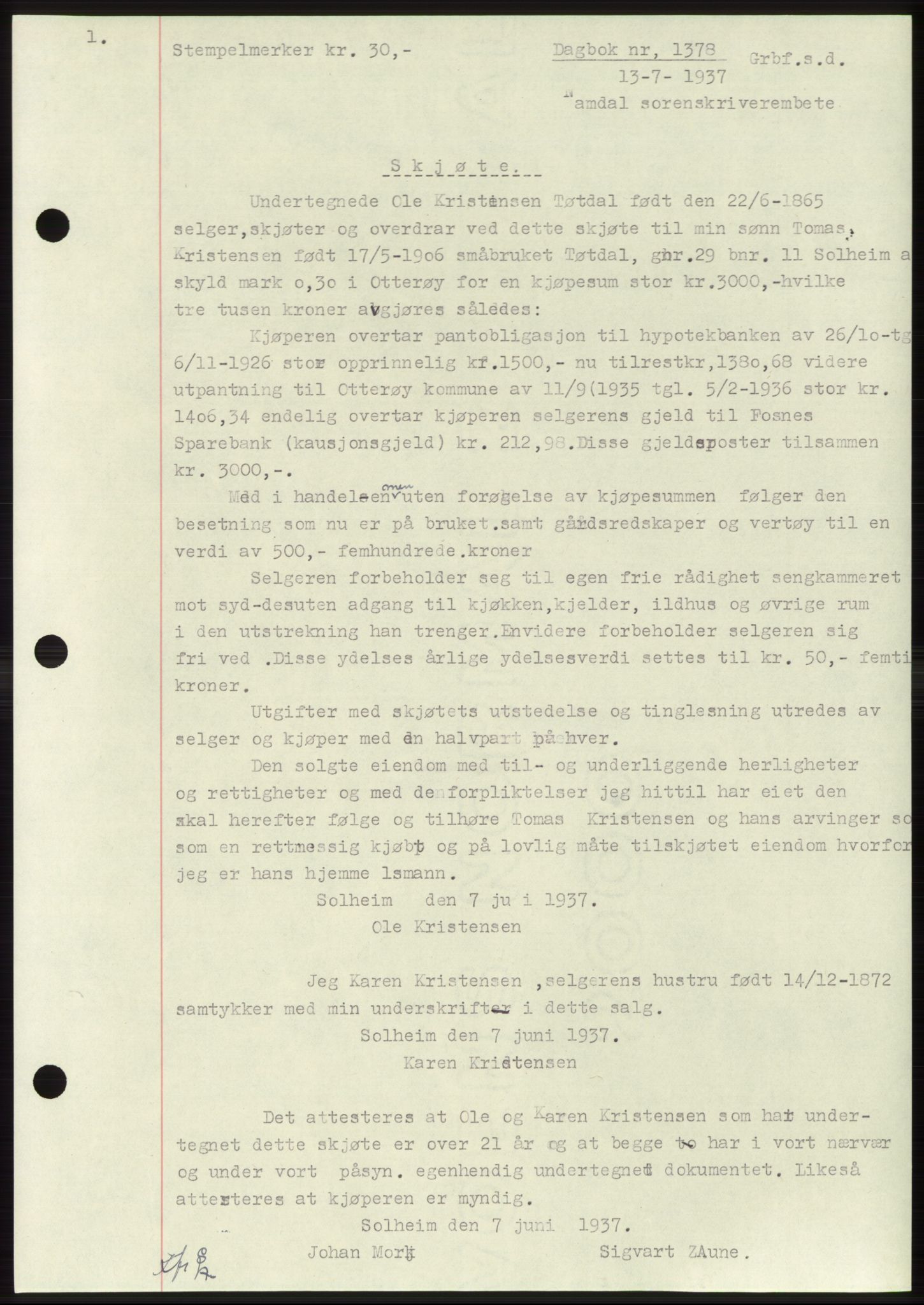 Namdal sorenskriveri, SAT/A-4133/1/2/2C: Pantebok nr. -, 1937-1939, Tingl.dato: 13.07.1937