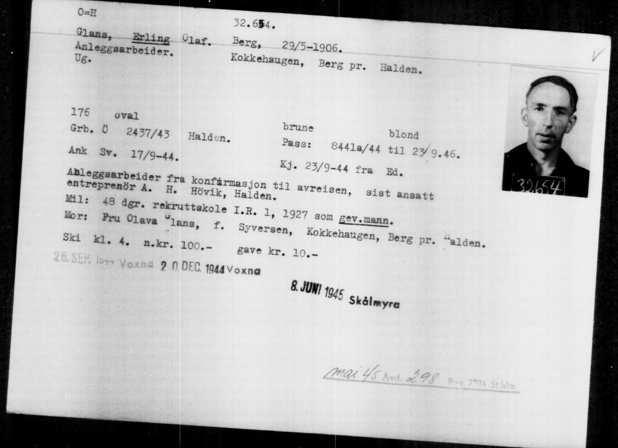 Utenriksstasjonene, Legasjonen i Stockholm, Flyktningkontoret, AV/RA-S-6753/V/Va/L0013: Kjesäterkartoteket, flyktninger med registreringsnr. 31500-34731, 1940-1945, s. 1217