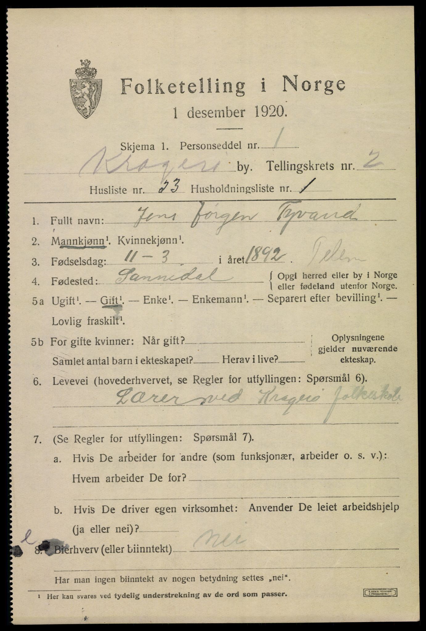SAKO, Folketelling 1920 for 0801 Kragerø kjøpstad, 1920, s. 5623
