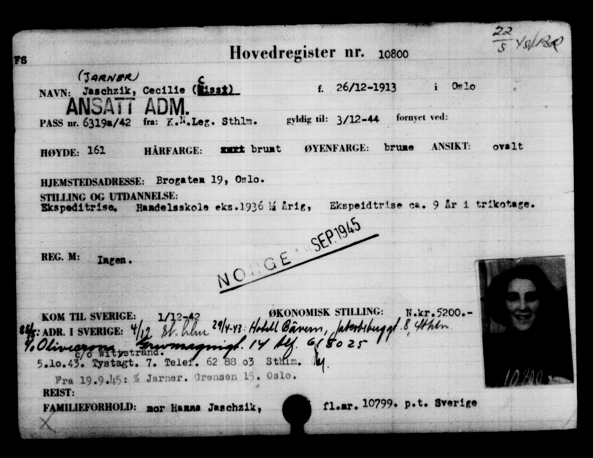 Utenriksstasjonene, Legasjonen i Stockholm, Flyktningkontoret, AV/RA-S-6753/V/Va/L0006: Kjesäterkartoteket, flyktninger med registreringsnr. 9400-12711, 1940-1945, s. 1608