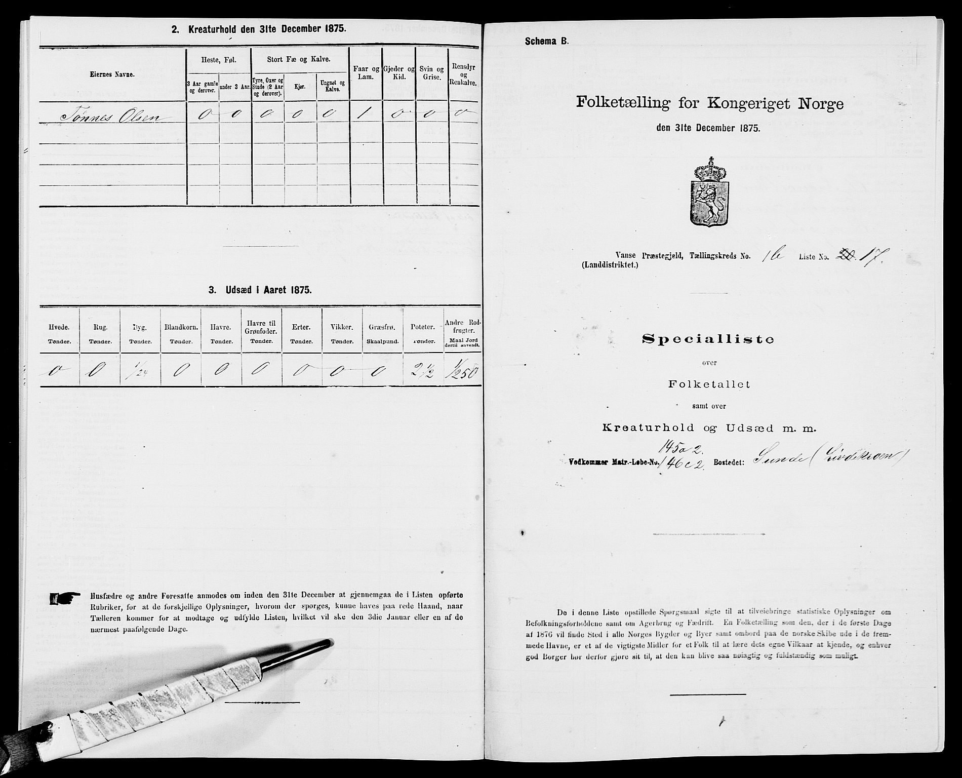 SAK, Folketelling 1875 for 1041L Vanse prestegjeld, Vanse sokn og Farsund landsokn, 1875, s. 296