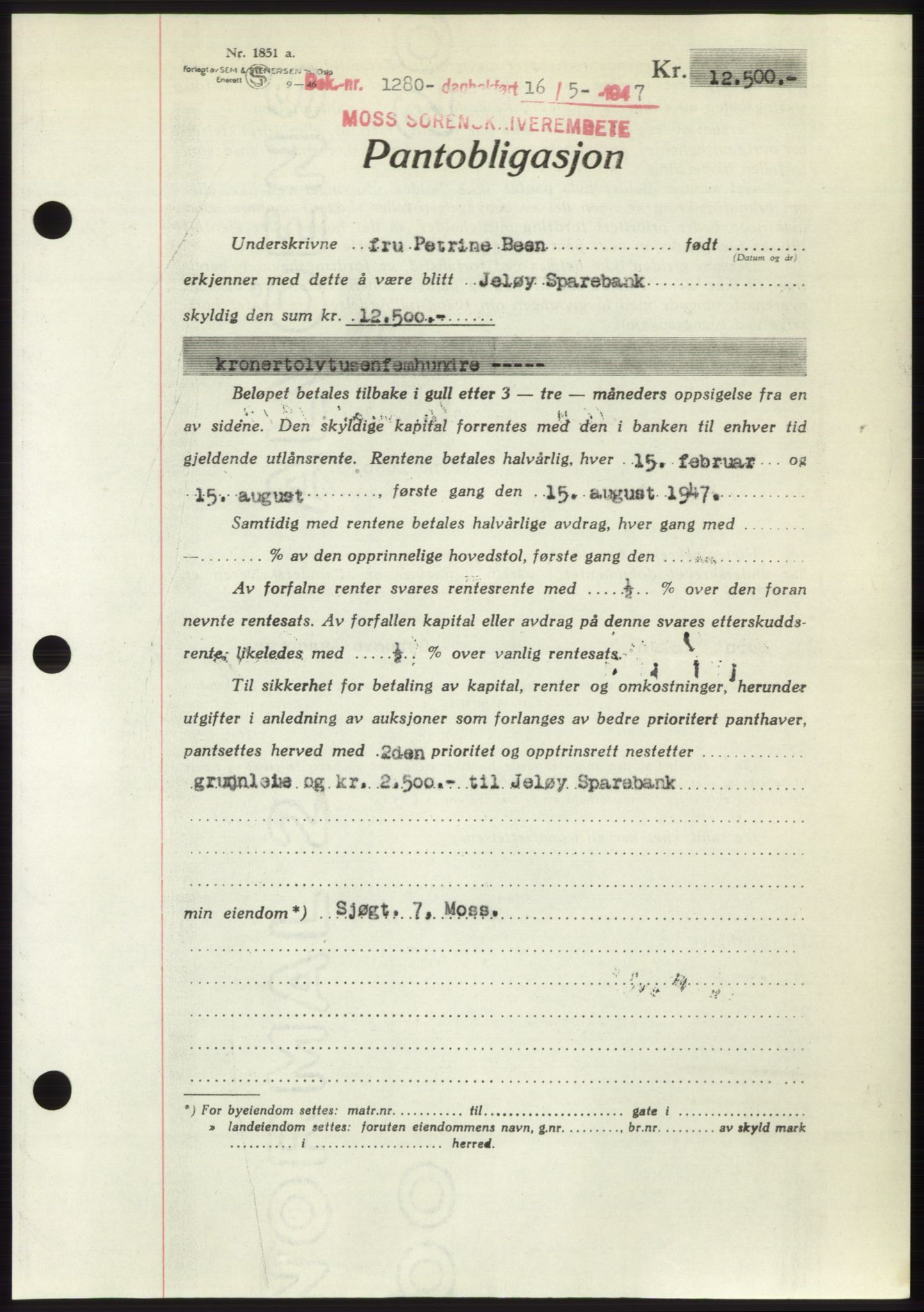 Moss sorenskriveri, SAO/A-10168: Pantebok nr. B17, 1947-1947, Dagboknr: 1280/1947
