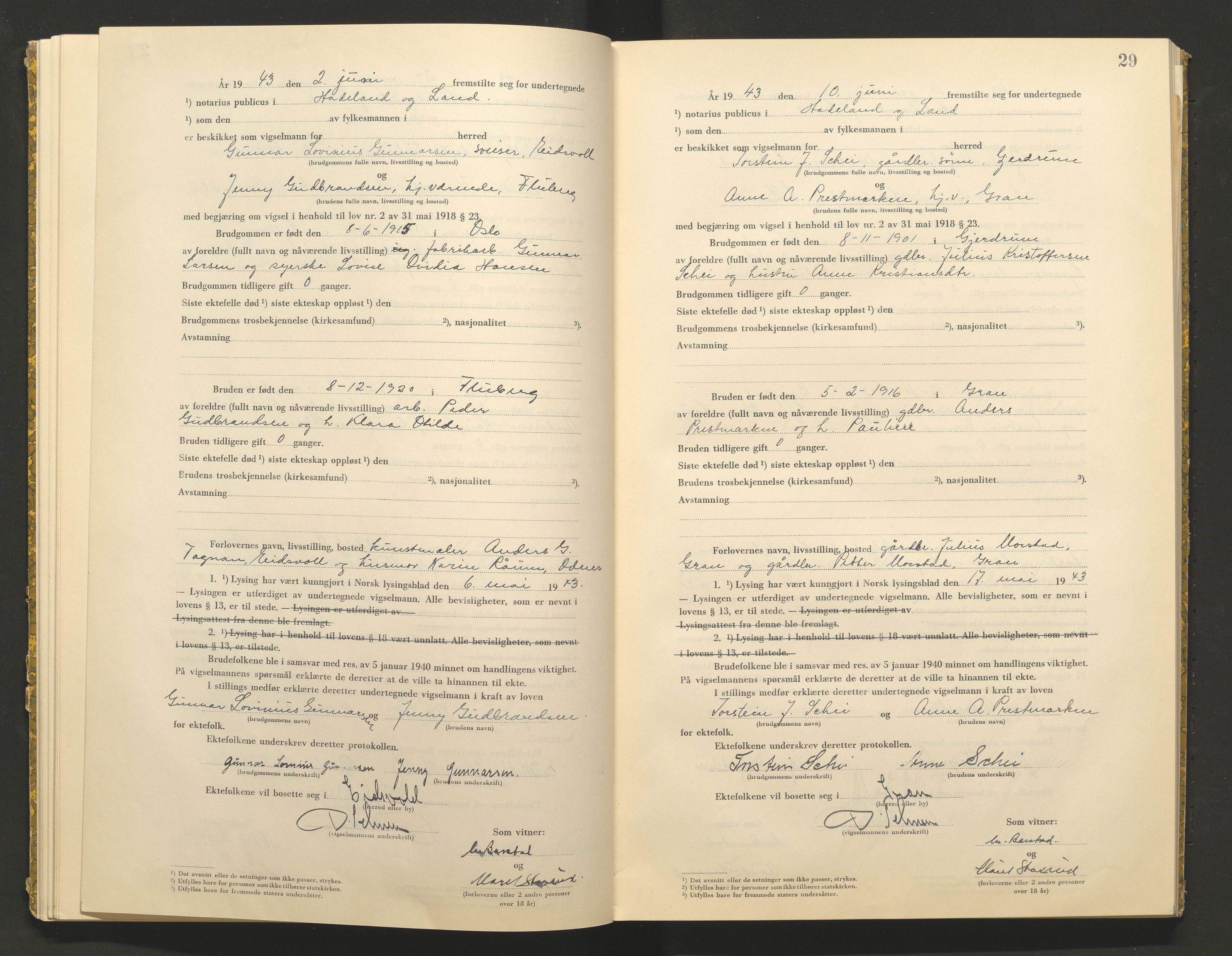Hadeland og Land tingrett, AV/SAH-TING-010/L/Lb/L0002: Vigselbok, 1943-1944, s. 29