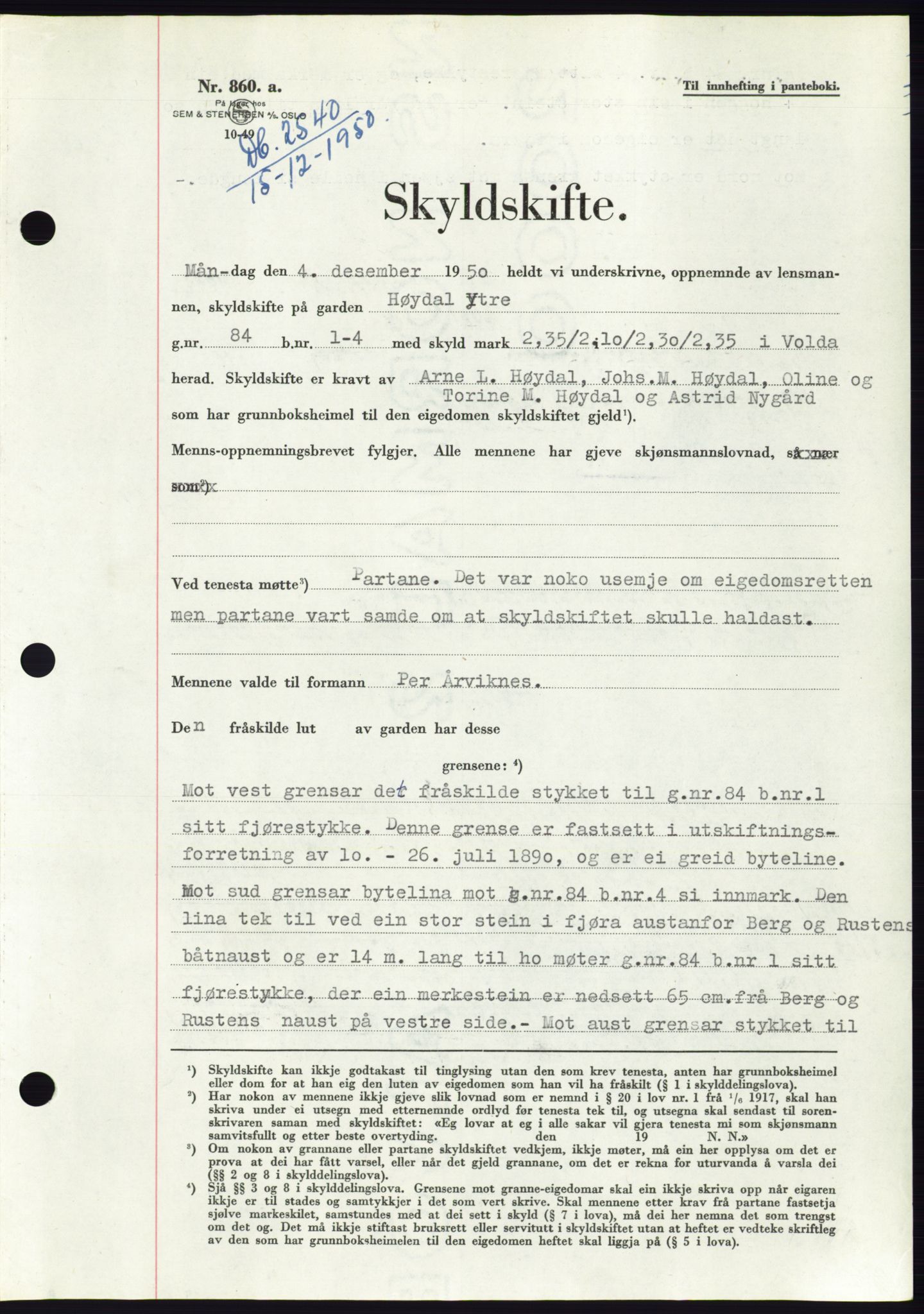 Søre Sunnmøre sorenskriveri, SAT/A-4122/1/2/2C/L0088: Pantebok nr. 14A, 1950-1951, Dagboknr: 2540/1950