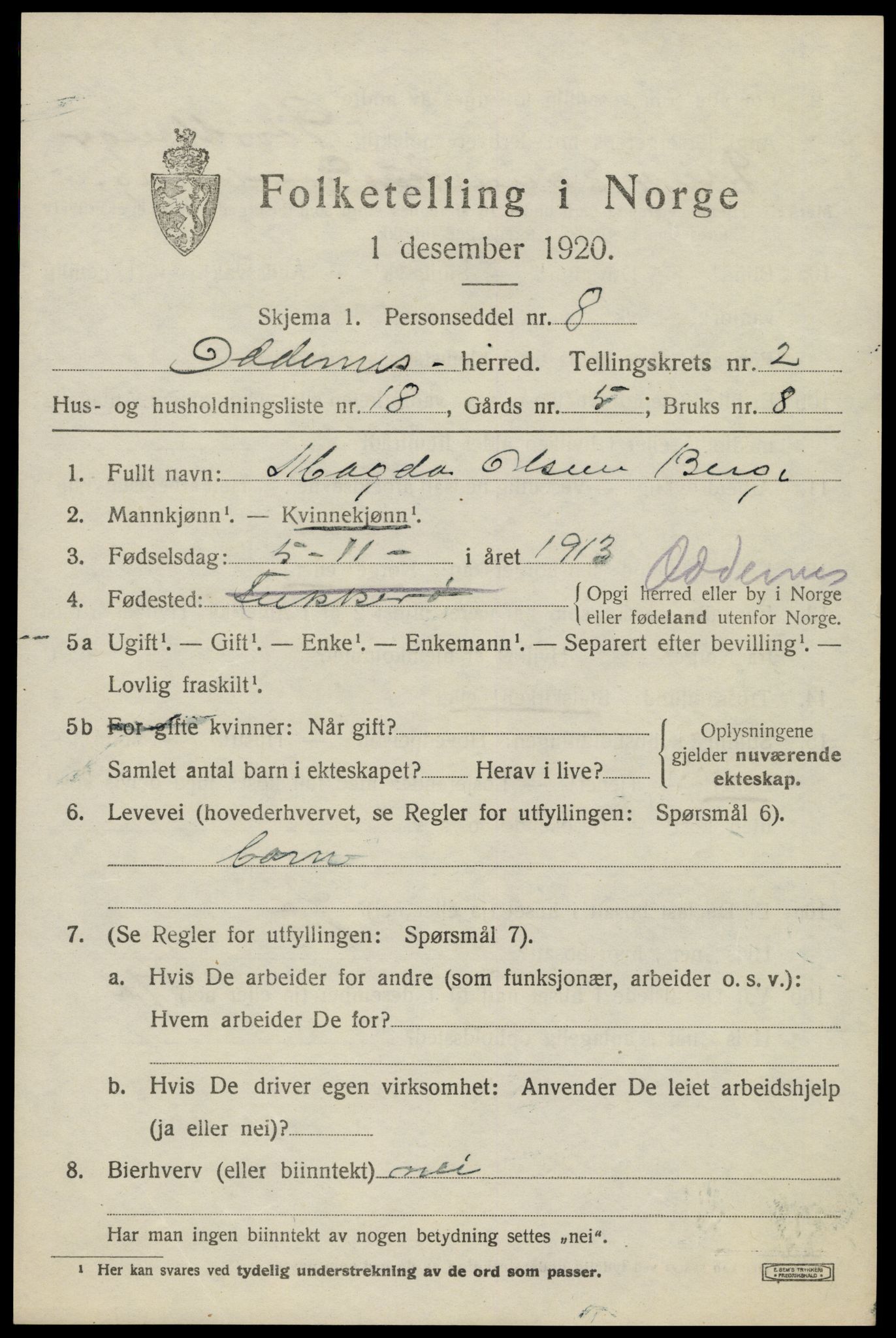 SAK, Folketelling 1920 for 1012 Oddernes herred, 1920, s. 3033