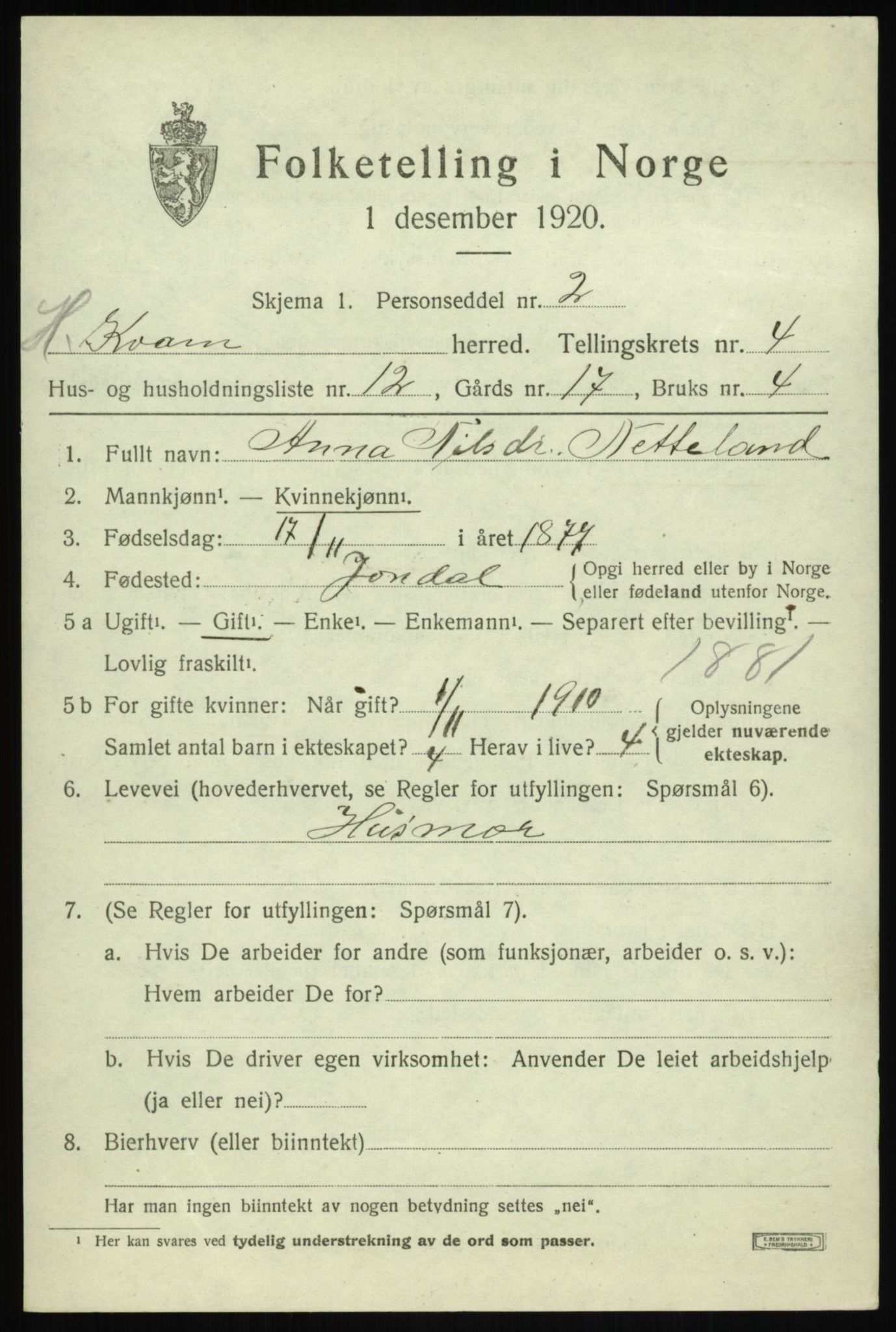 SAB, Folketelling 1920 for 1238 Kvam herred, 1920, s. 3393