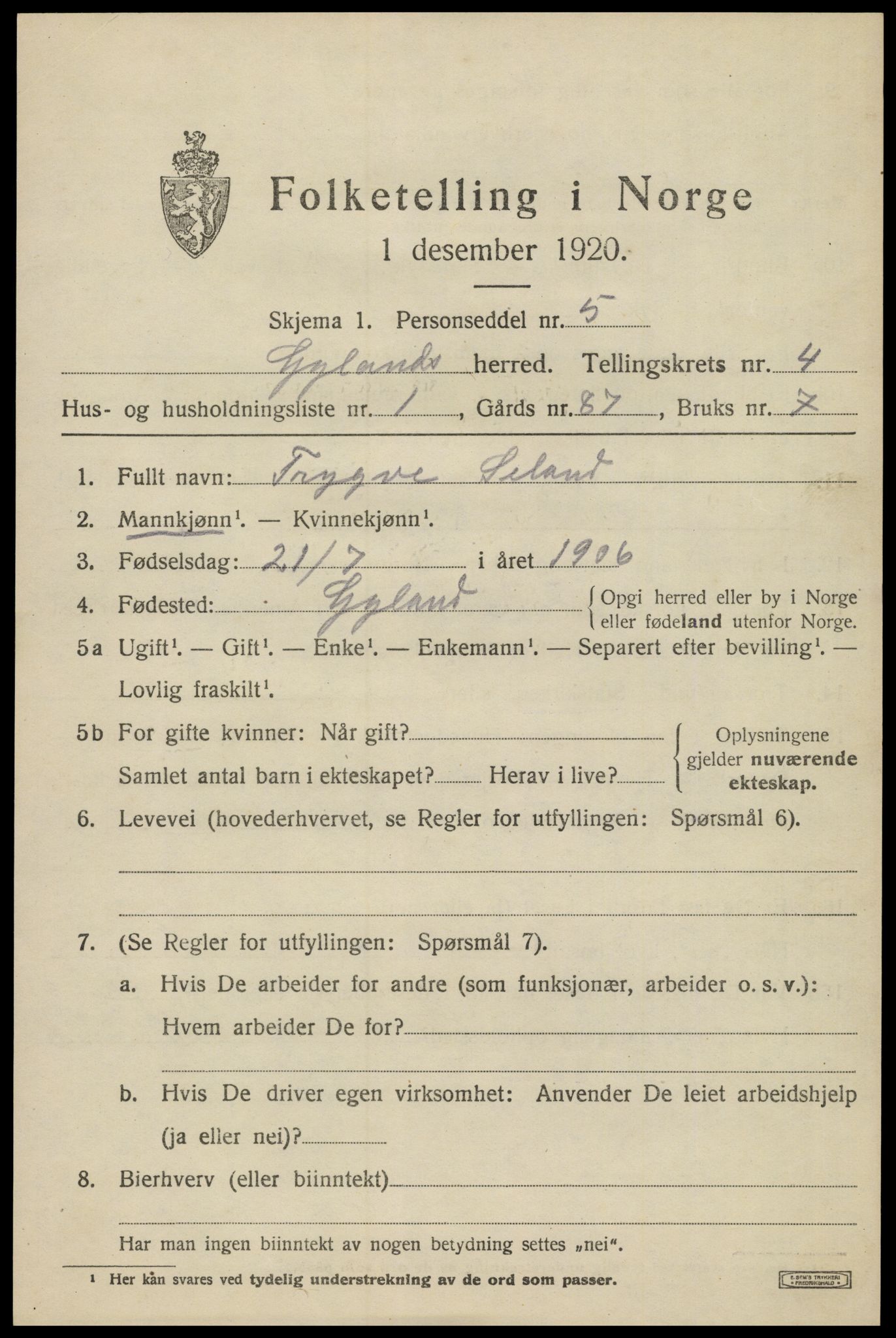 SAK, Folketelling 1920 for 1044 Gyland herred, 1920, s. 1046