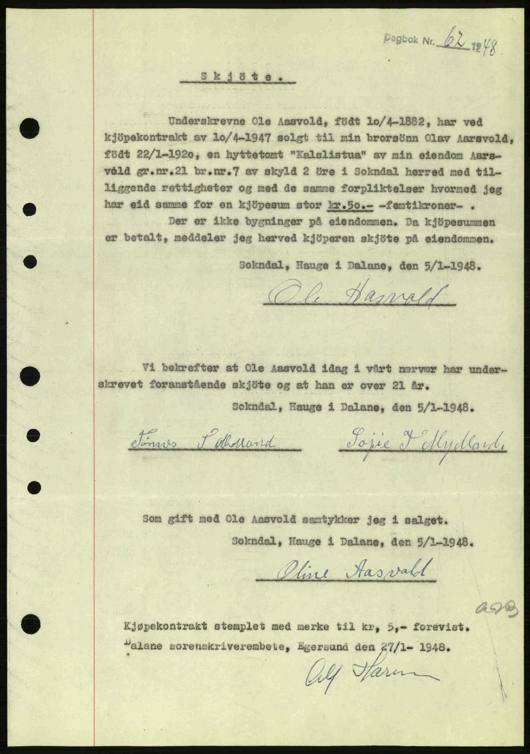 Dalane sorenskriveri, SAST/A-100309/02/G/Gb/L0051: Pantebok nr. A11, 1947-1948, Dagboknr: 62/1948