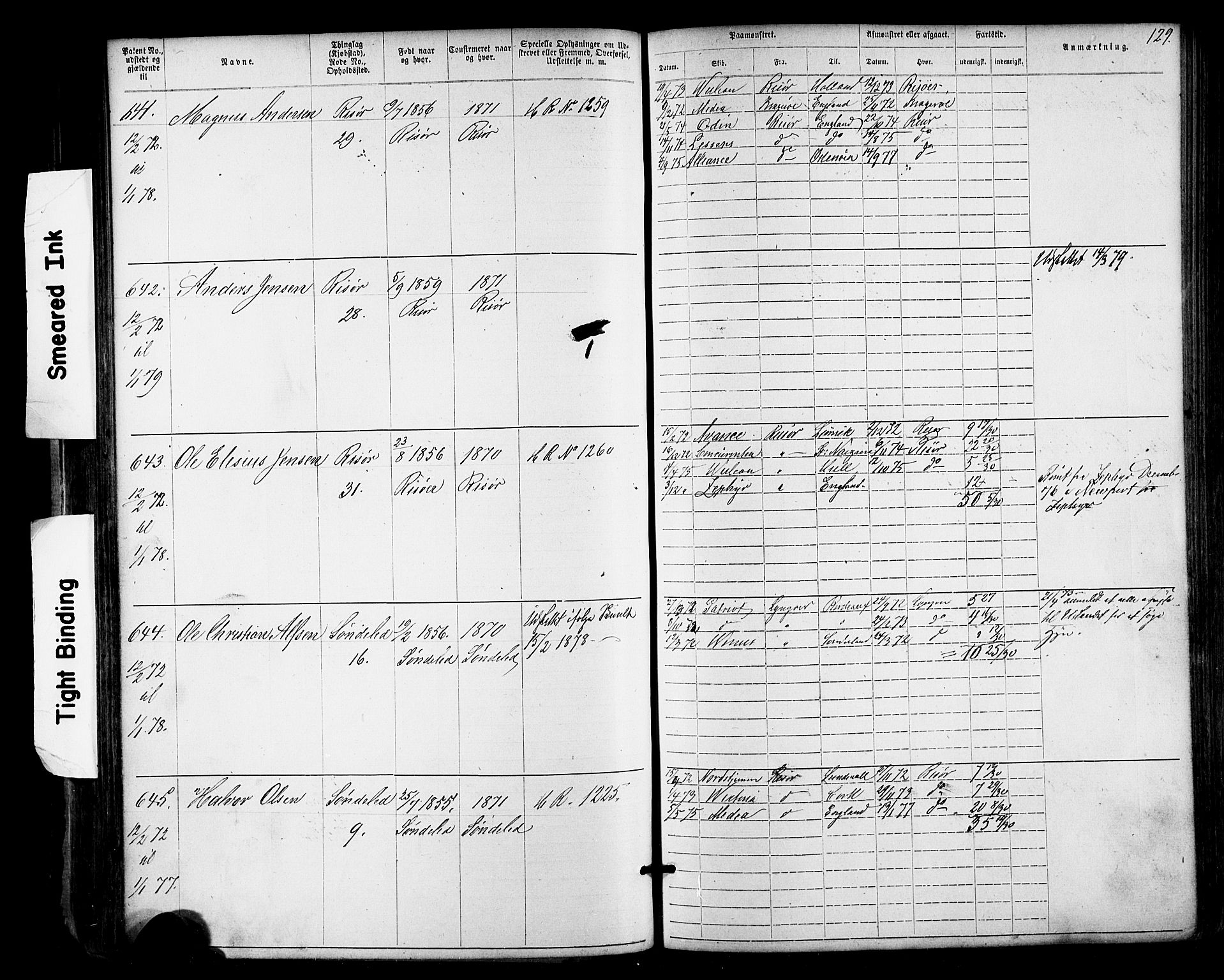 Risør mønstringskrets, SAK/2031-0010/F/Fa/L0003: Annotasjonsrulle nr 1-1913 med register, T-7, 1863-1899, s. 65