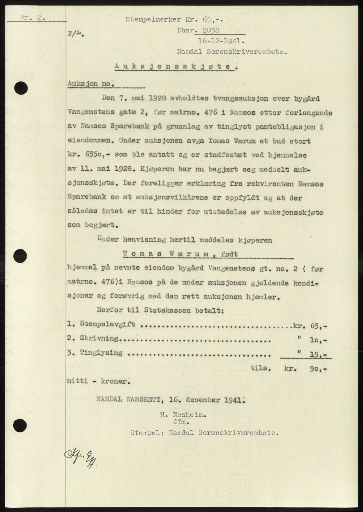 Namdal sorenskriveri, SAT/A-4133/1/2/2C: Pantebok nr. -, 1941-1942, Dagboknr: 2038/1941